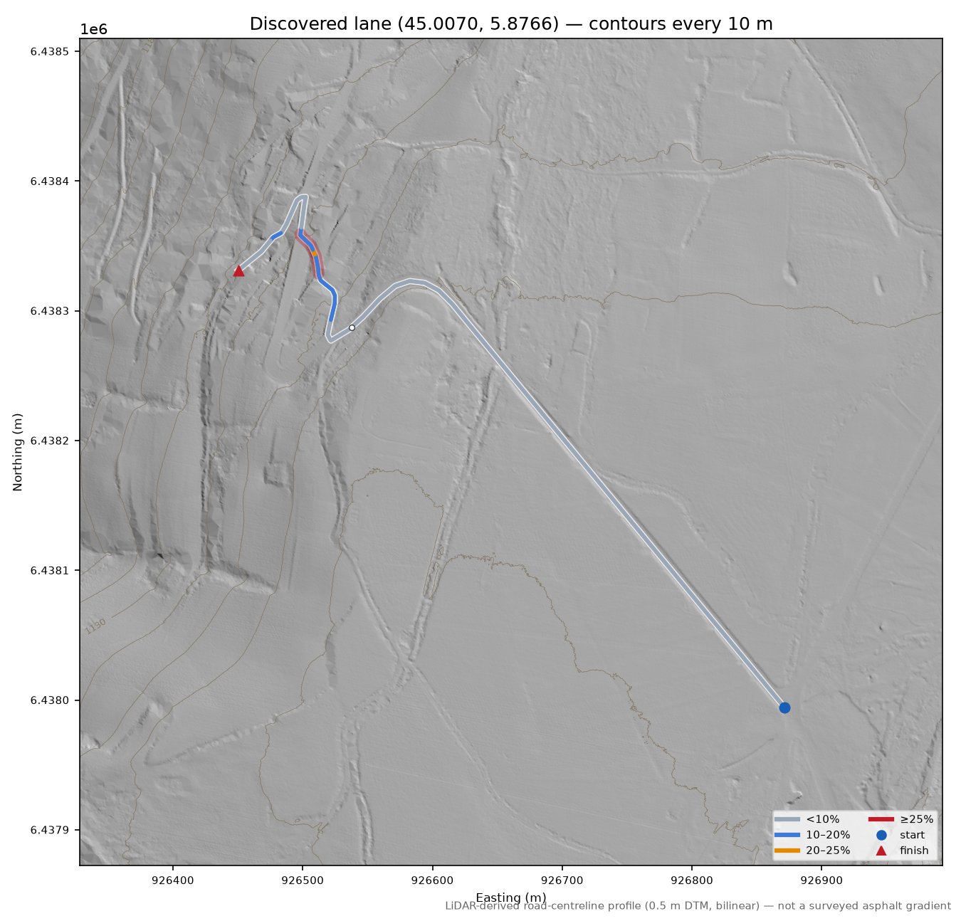 Discovered lane (45.0070, 5.8766) LiDAR hillshade map with contours