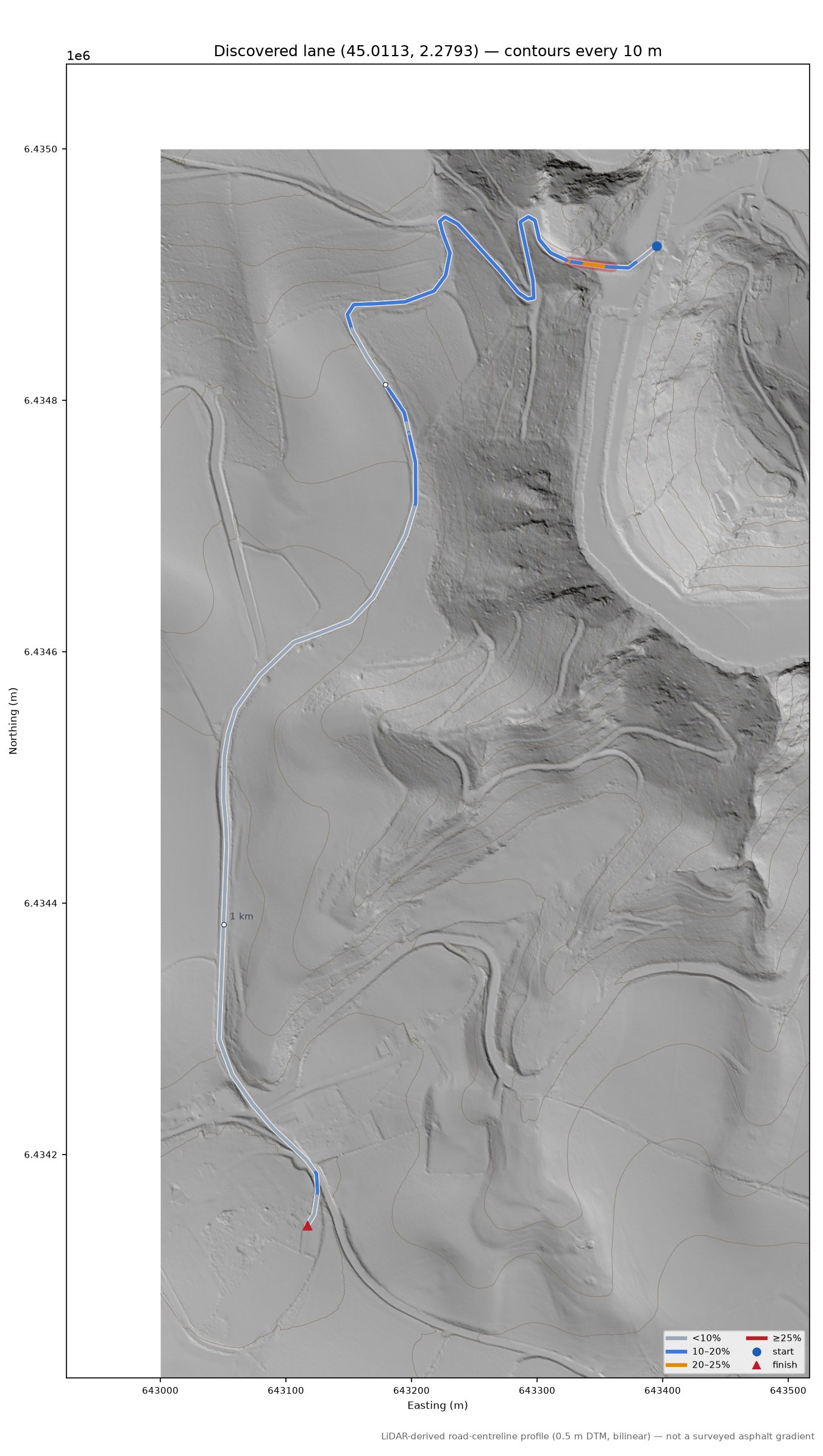 Discovered lane (45.0113, 2.2793) LiDAR hillshade map with contours