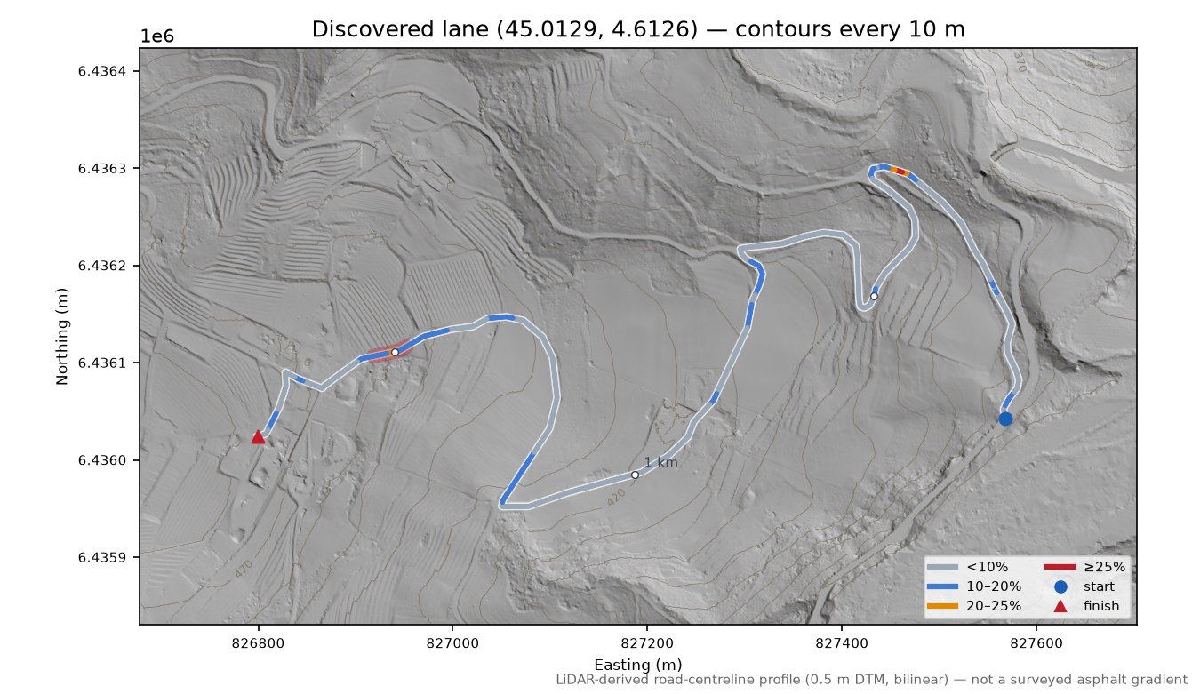 Discovered lane (45.0129, 4.6126) LiDAR hillshade map with contours