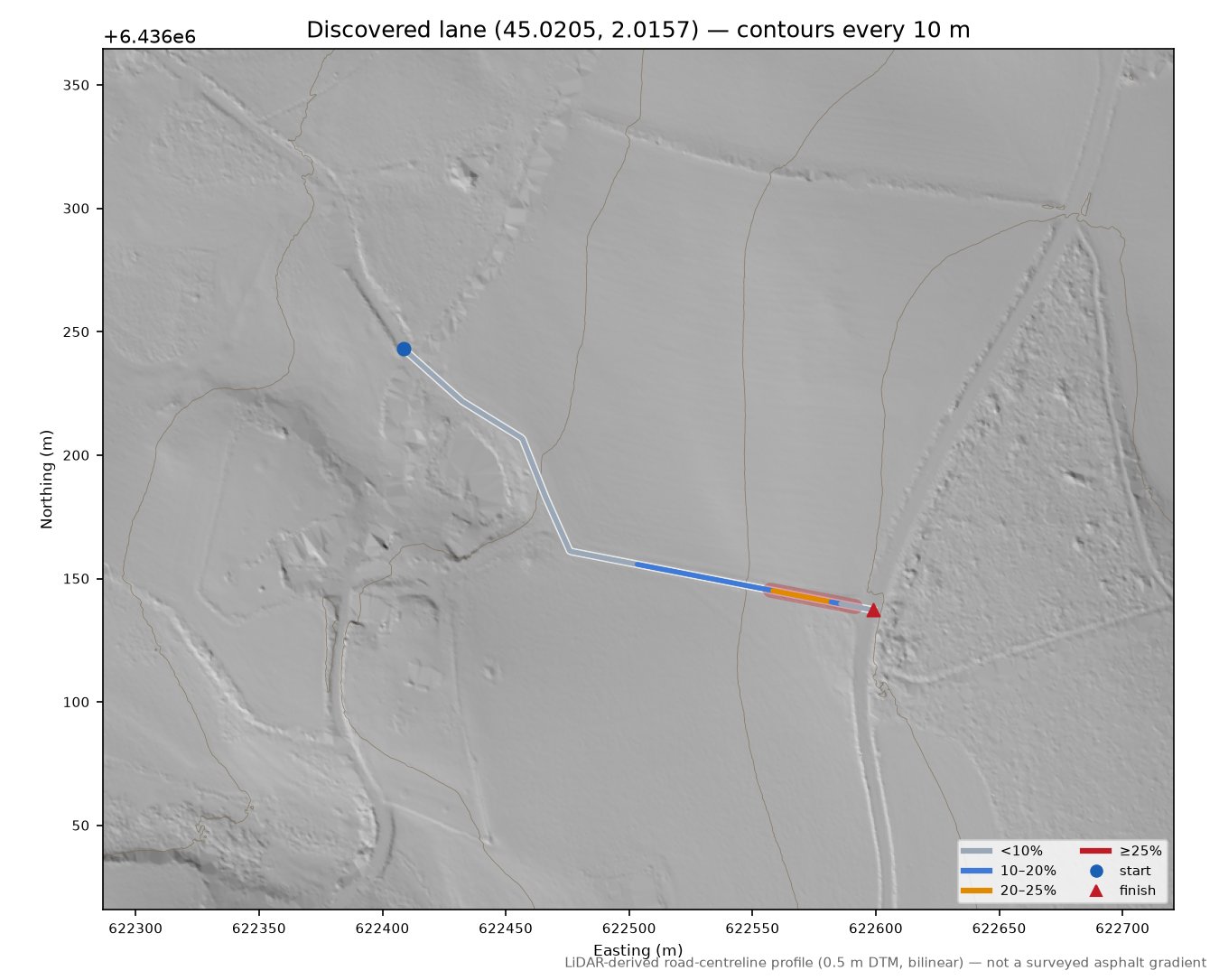 Discovered lane (45.0205, 2.0157) LiDAR hillshade map with contours