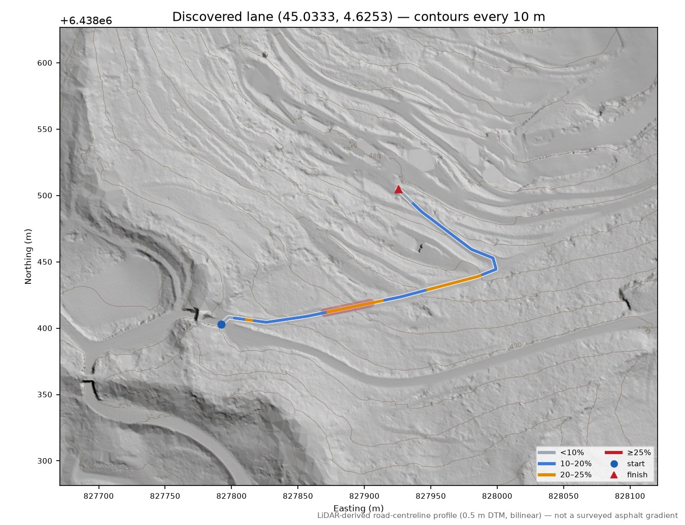 Discovered lane (45.0333, 4.6253) LiDAR hillshade map with contours