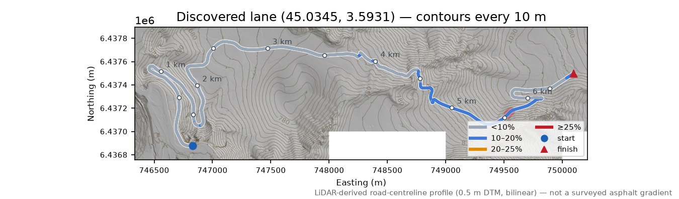 Discovered lane (45.0345, 3.5931) LiDAR hillshade map with contours