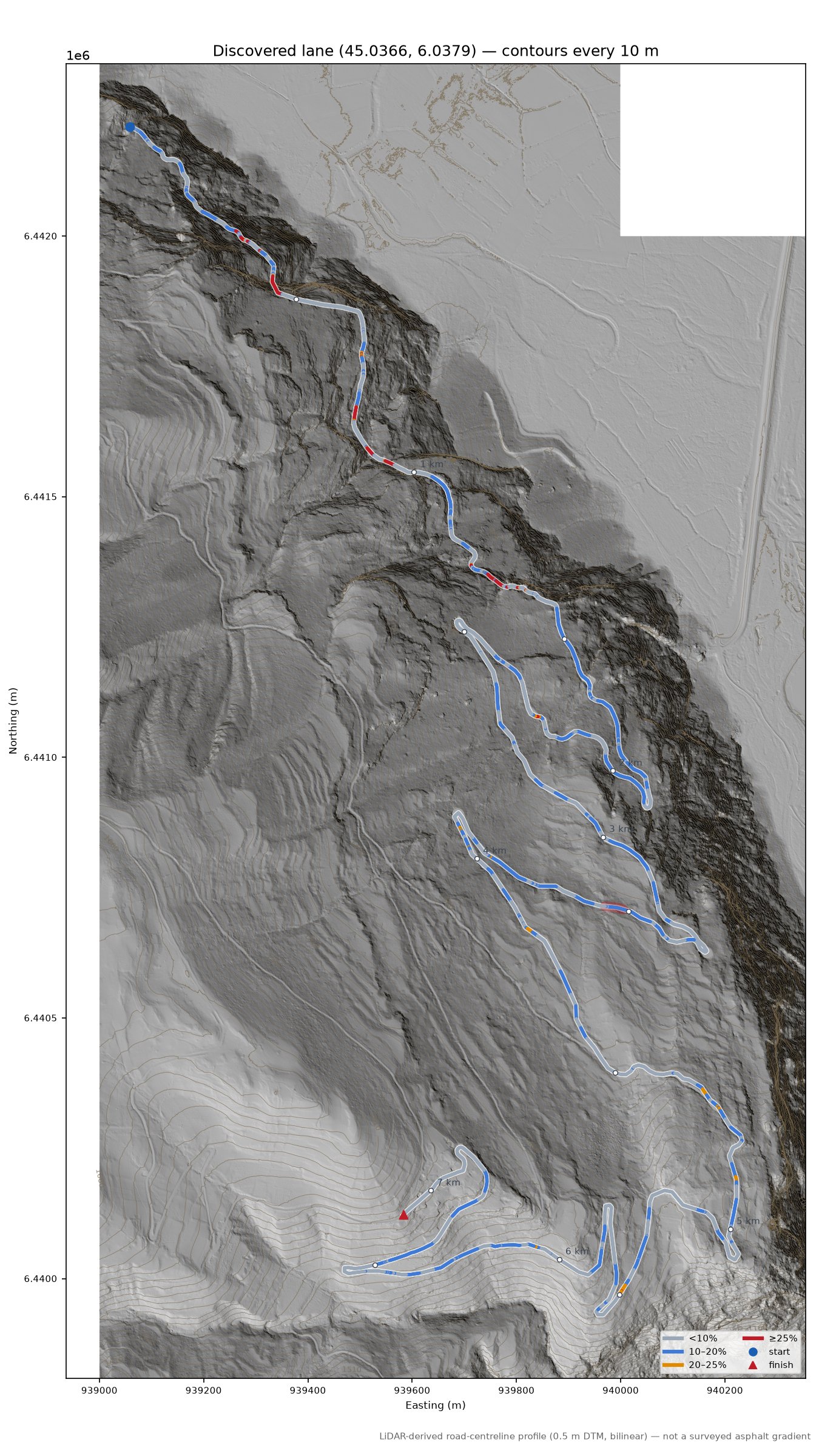 Discovered lane (45.0366, 6.0379) LiDAR hillshade map with contours