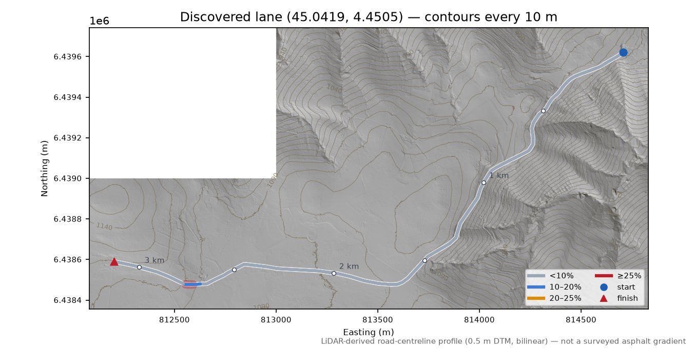 Discovered lane (45.0419, 4.4505) LiDAR hillshade map with contours