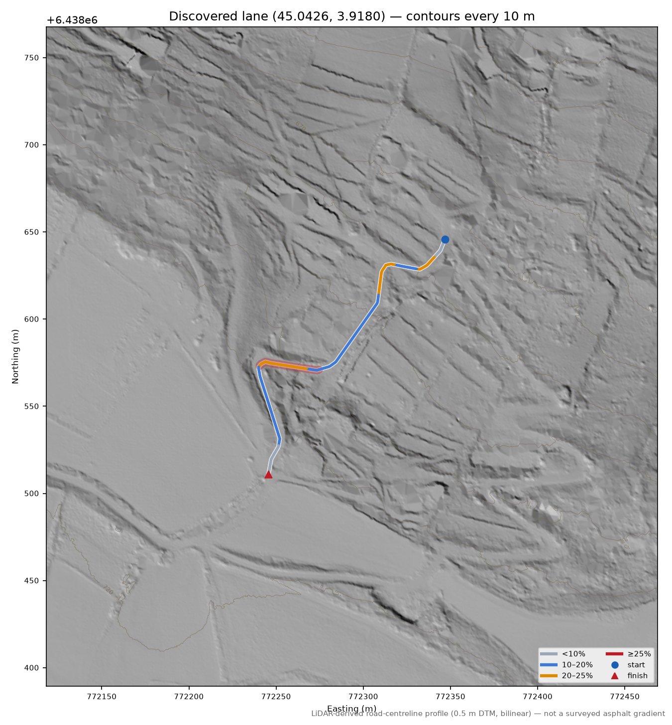 Discovered lane (45.0426, 3.9180) LiDAR hillshade map with contours