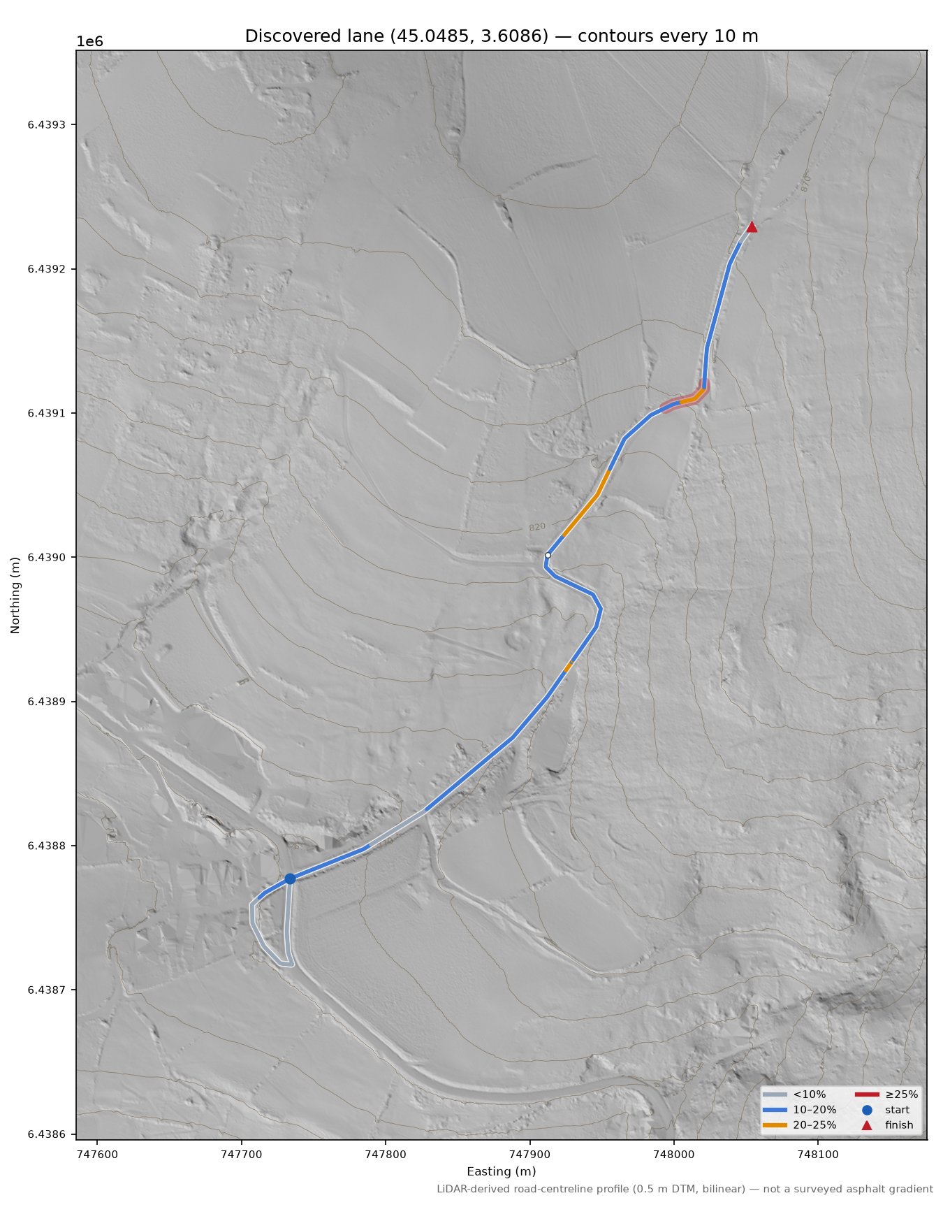 Discovered lane (45.0485, 3.6086) LiDAR hillshade map with contours