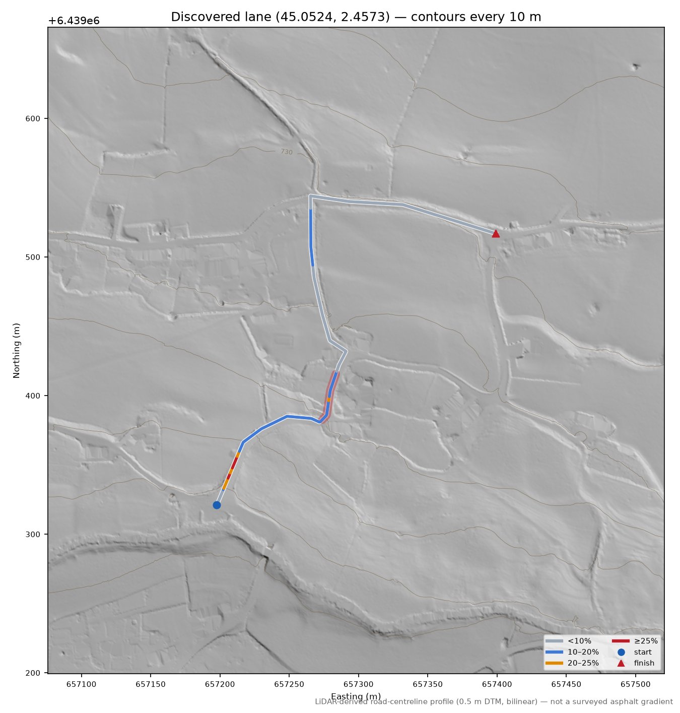 Discovered lane (45.0524, 2.4573) LiDAR hillshade map with contours