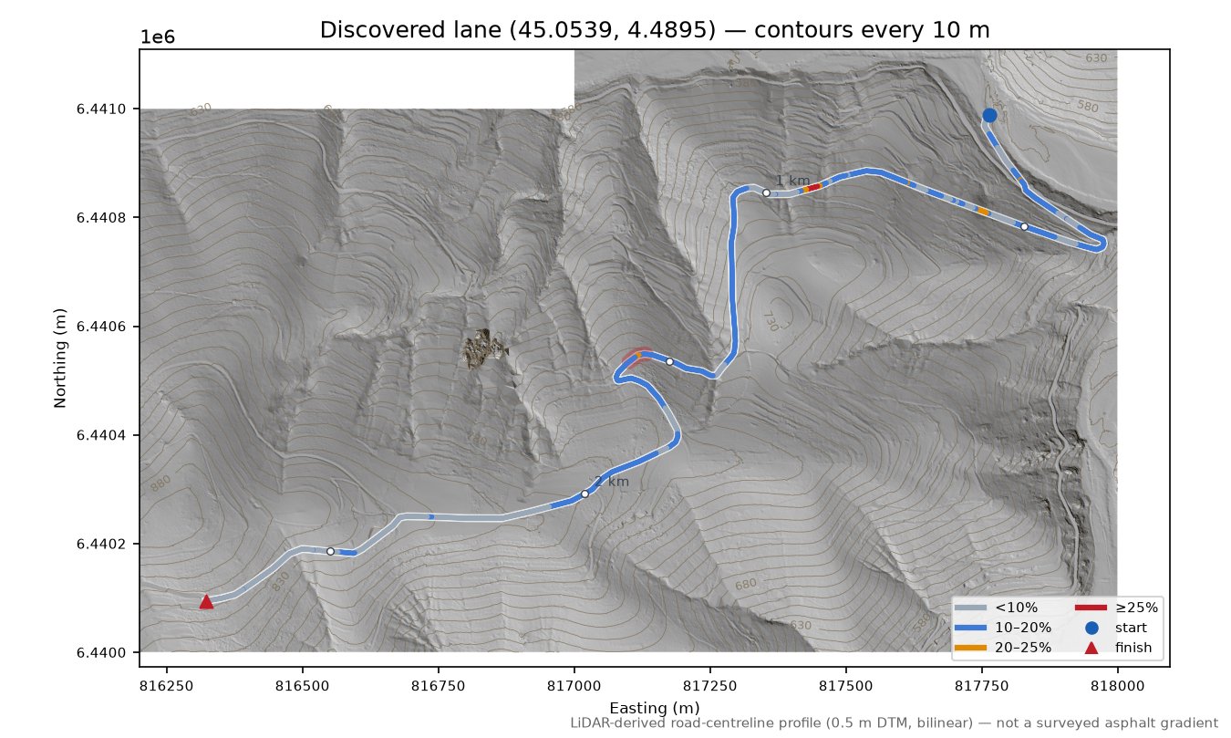 Discovered lane (45.0539, 4.4895) LiDAR hillshade map with contours