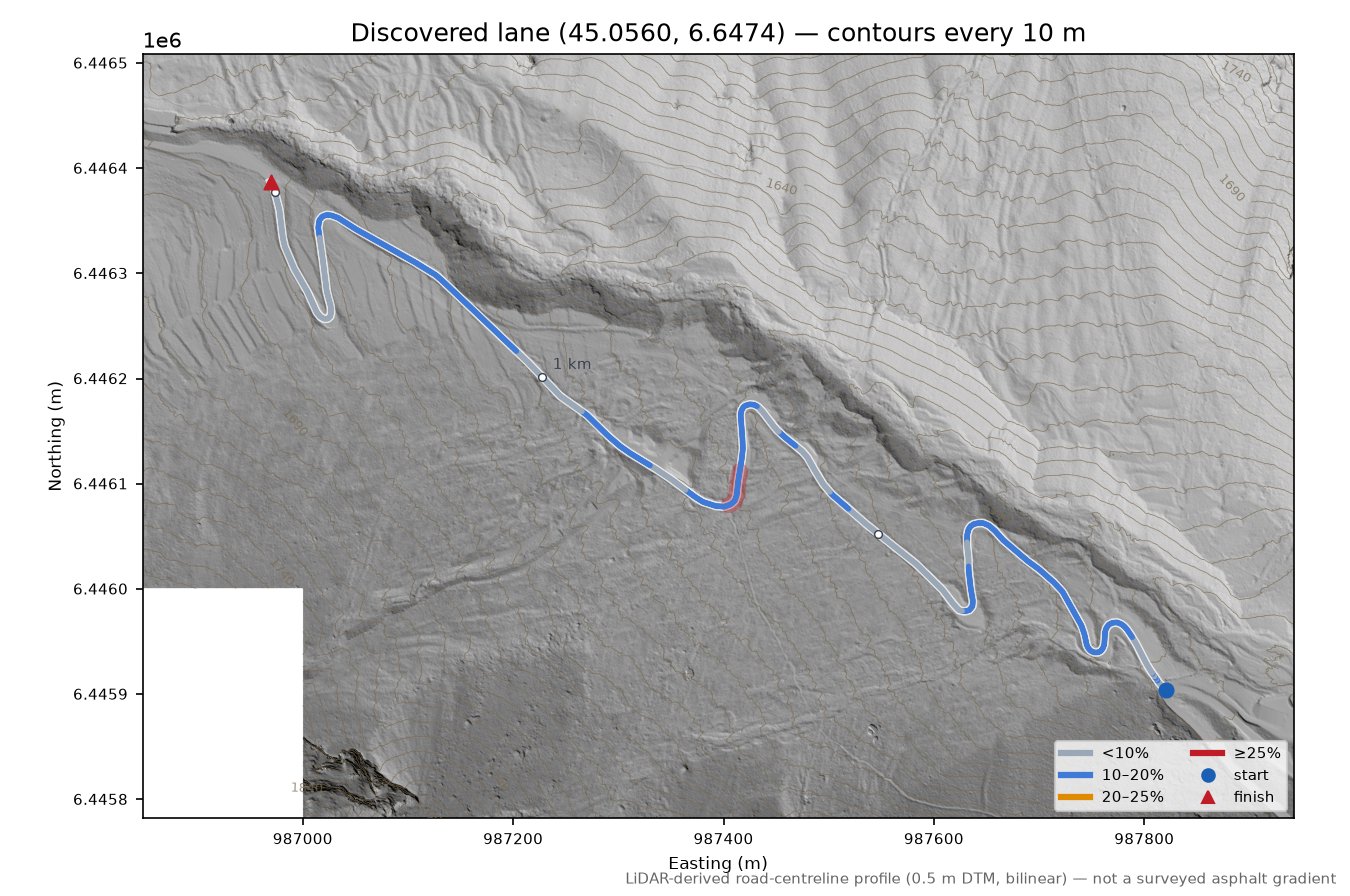 Discovered lane (45.0560, 6.6474) LiDAR hillshade map with contours