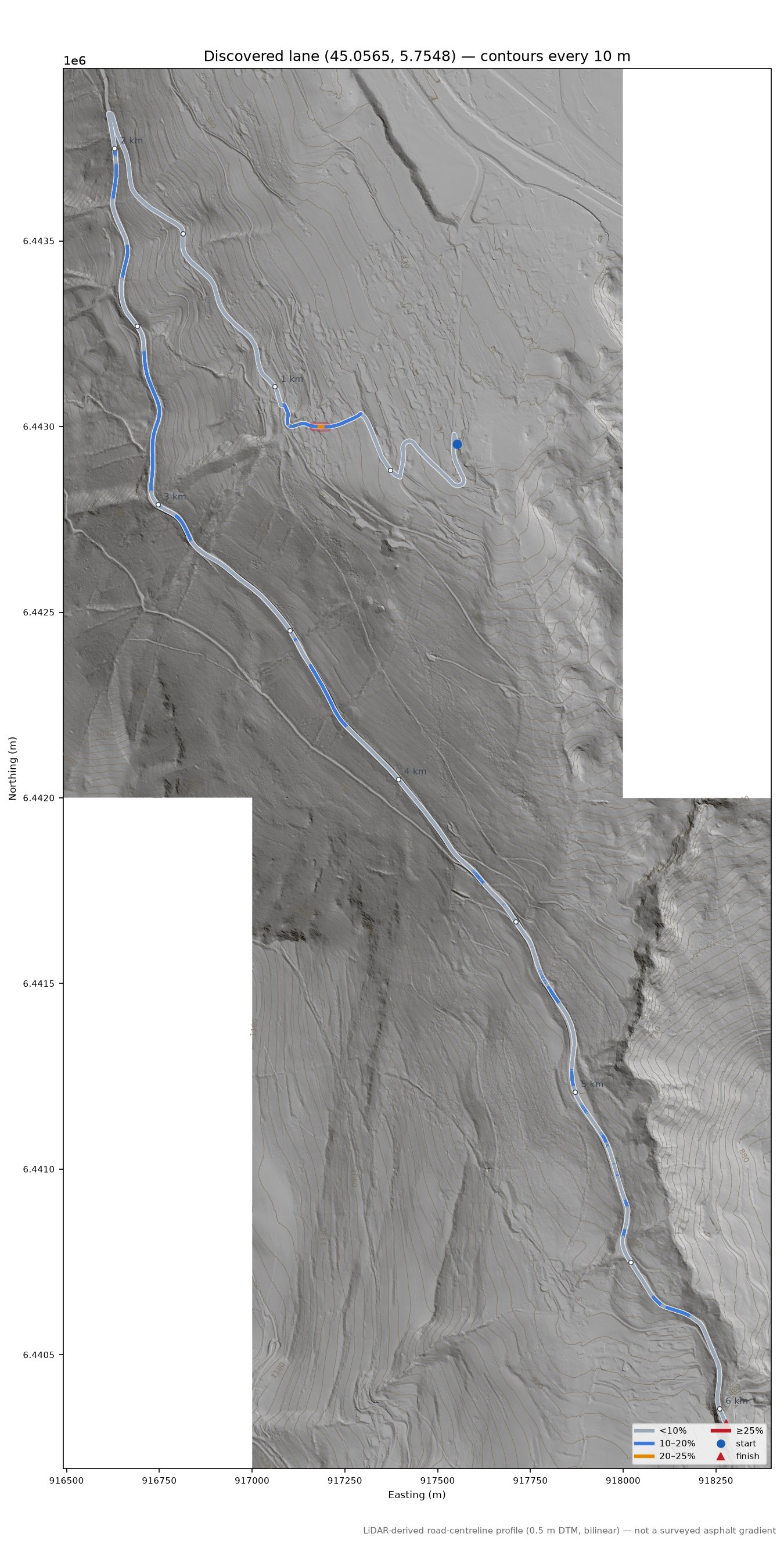 Discovered lane (45.0565, 5.7548) LiDAR hillshade map with contours