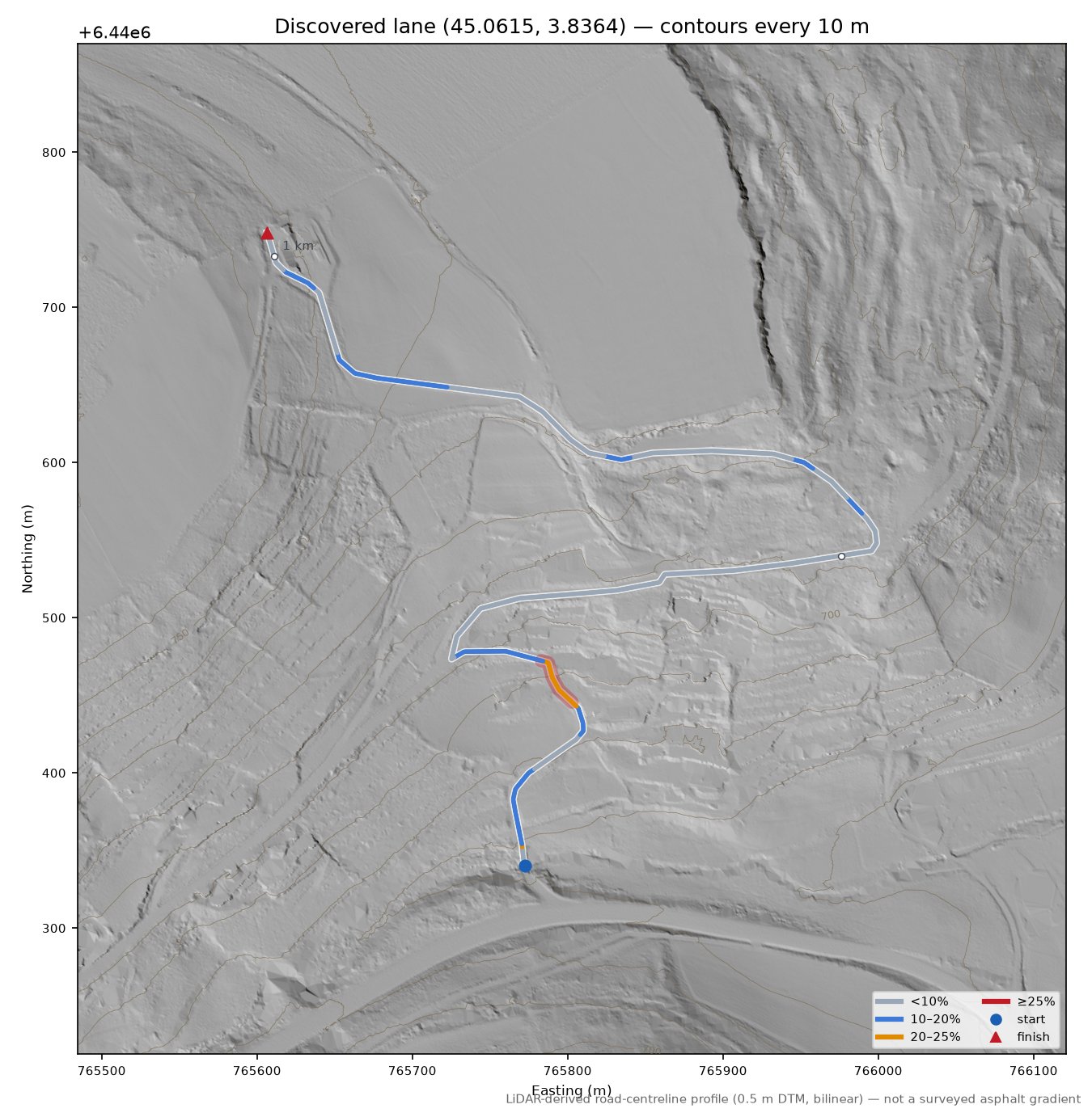 Discovered lane (45.0615, 3.8364) LiDAR hillshade map with contours