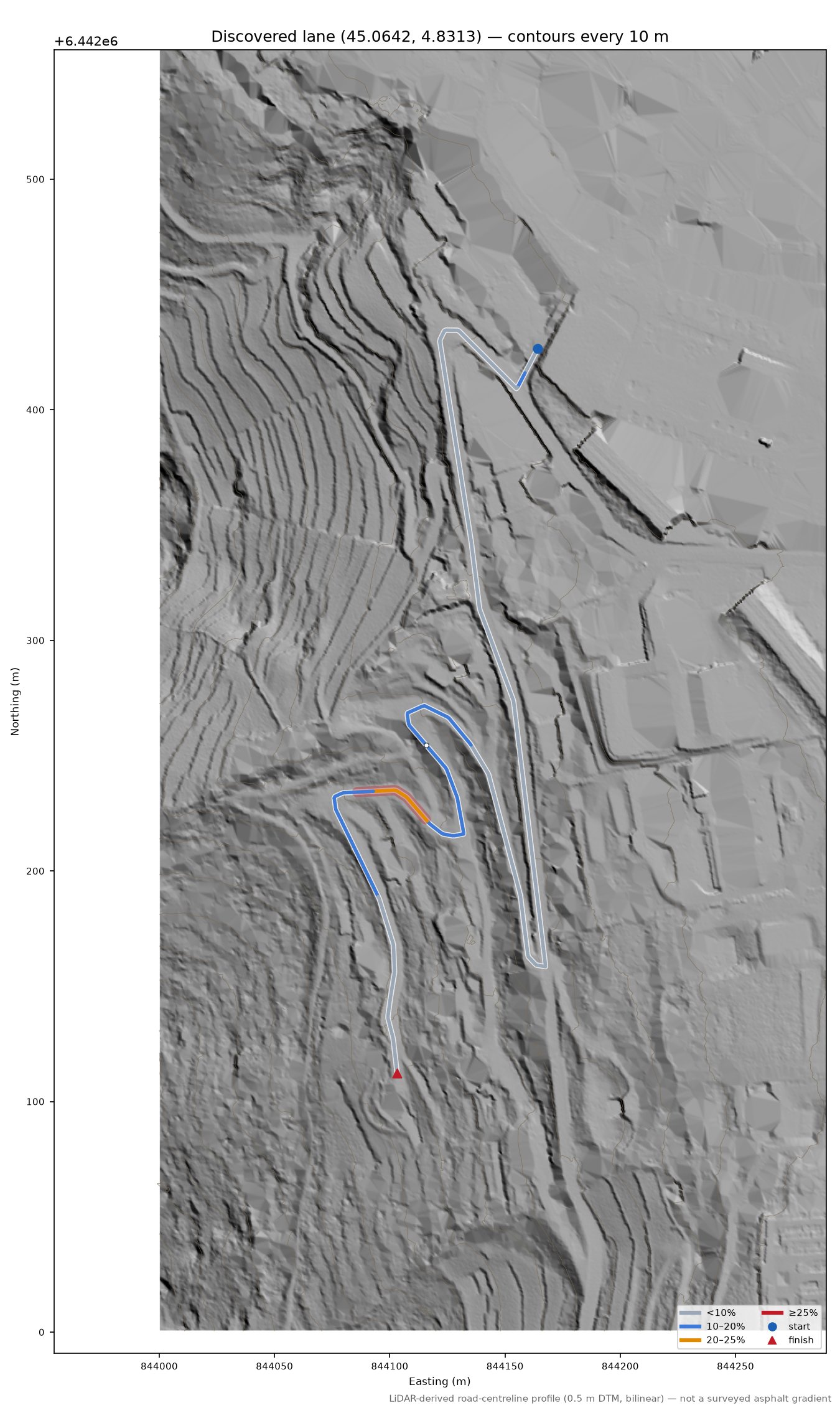 Discovered lane (45.0642, 4.8313) LiDAR hillshade map with contours