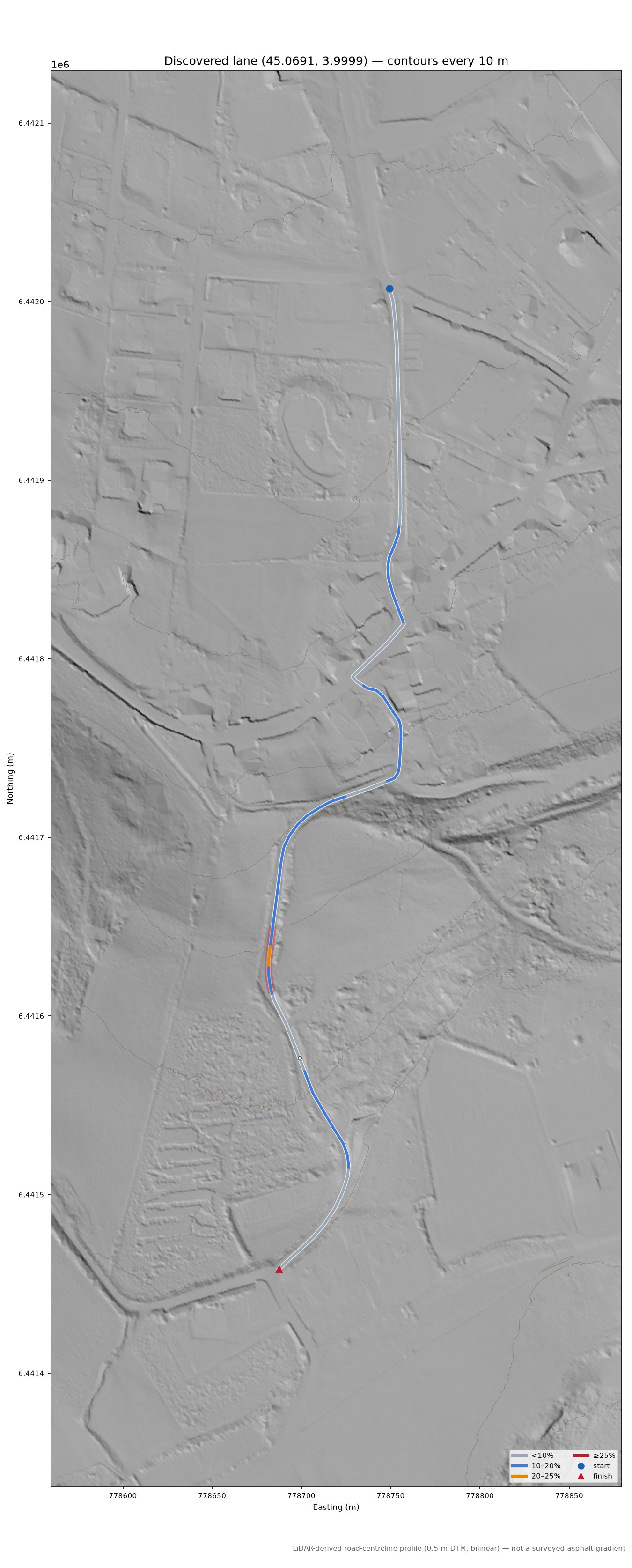 Discovered lane (45.0691, 3.9999) LiDAR hillshade map with contours
