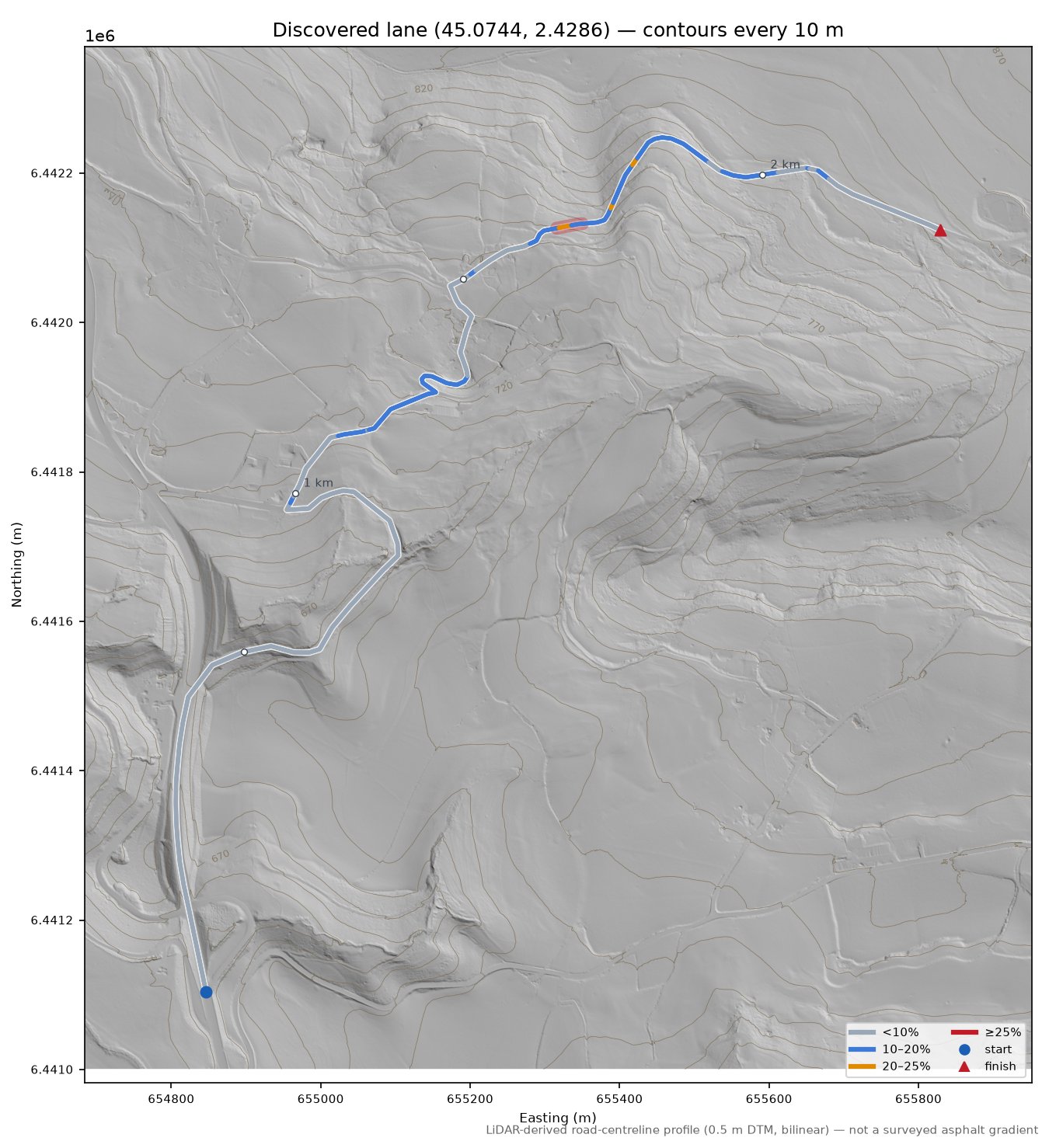 Discovered lane (45.0744, 2.4286) LiDAR hillshade map with contours