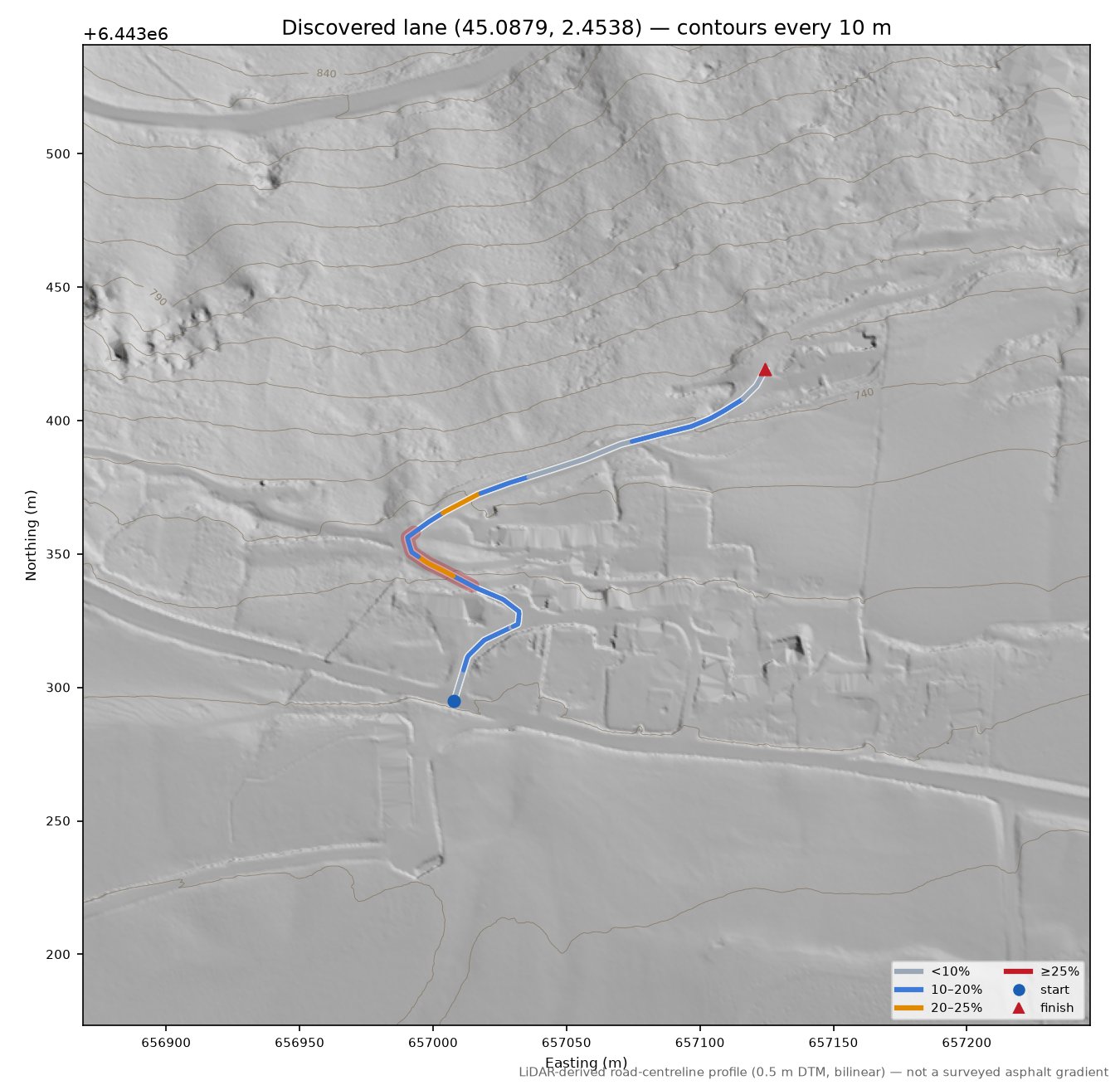 Discovered lane (45.0879, 2.4538) LiDAR hillshade map with contours