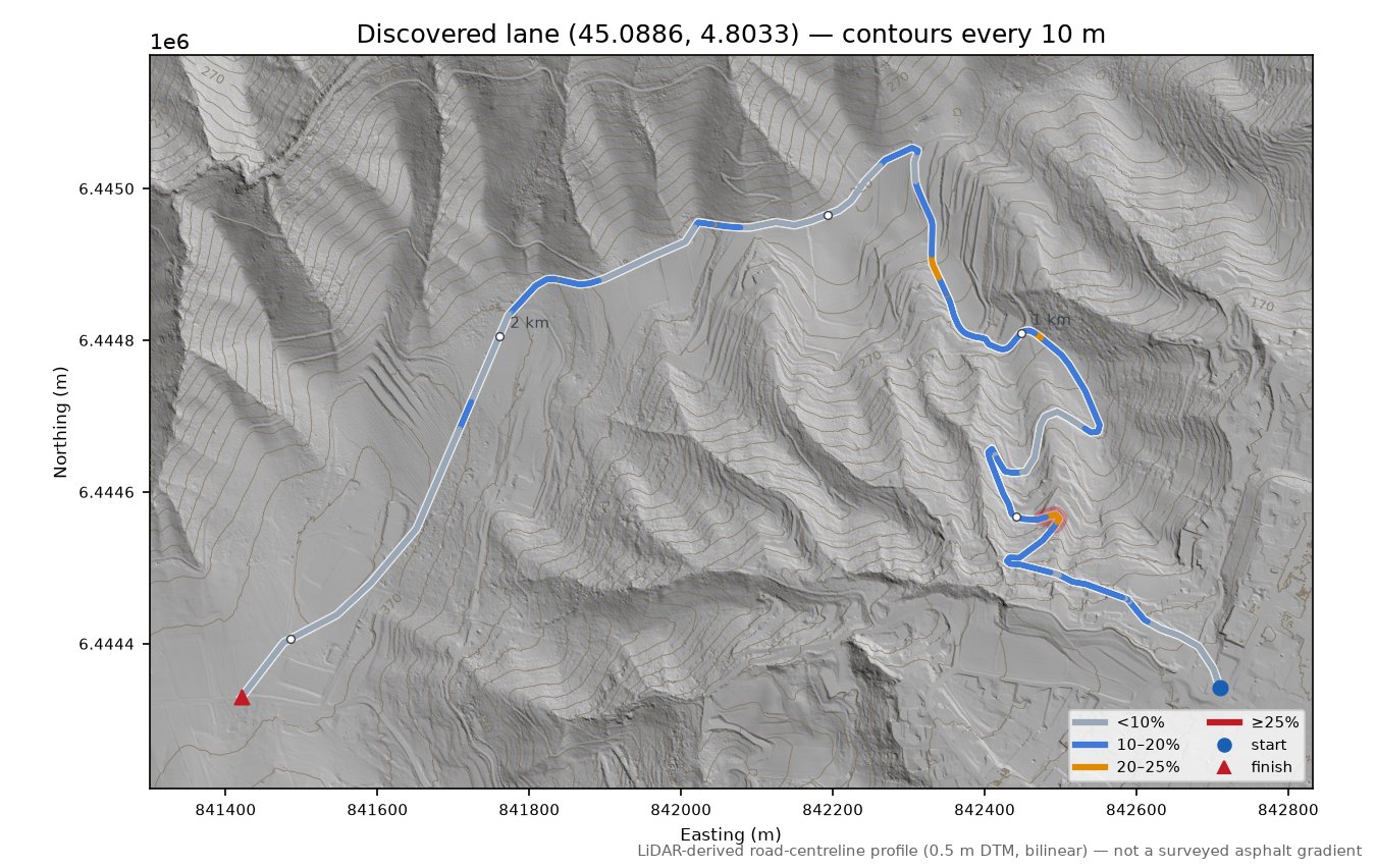 Discovered lane (45.0886, 4.8033) LiDAR hillshade map with contours