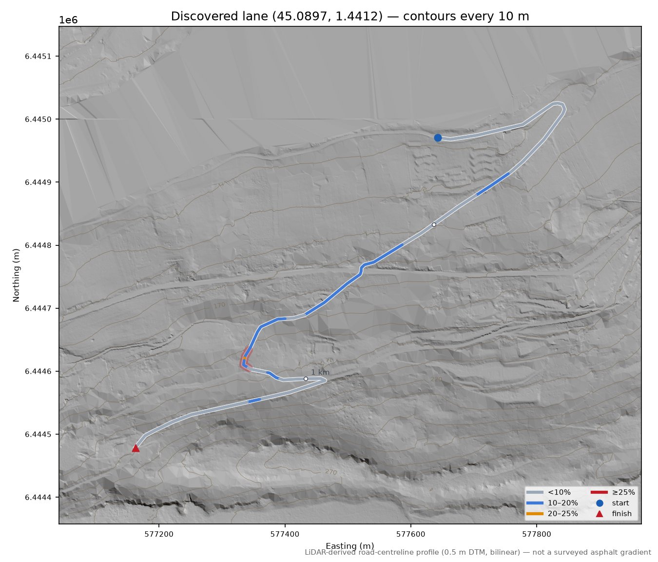 Discovered lane (45.0897, 1.4412) LiDAR hillshade map with contours