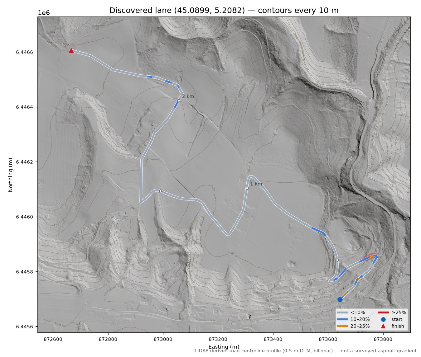 Discovered lane (45.0899, 5.2082) LiDAR hillshade map with contours