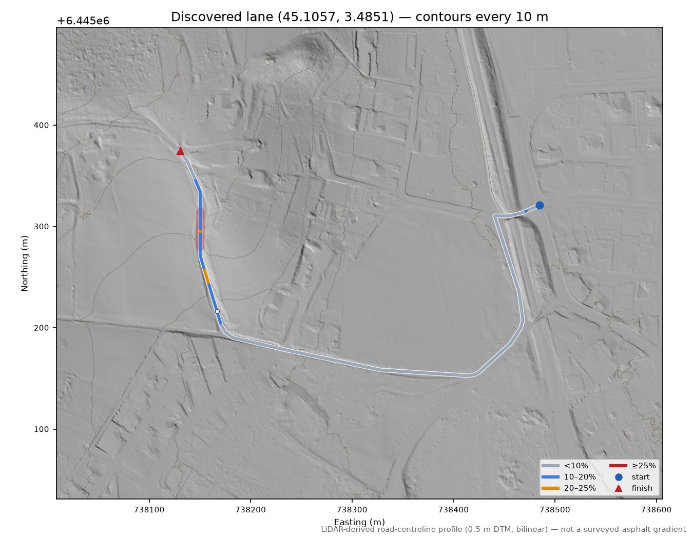 Discovered lane (45.1057, 3.4851) LiDAR hillshade map with contours