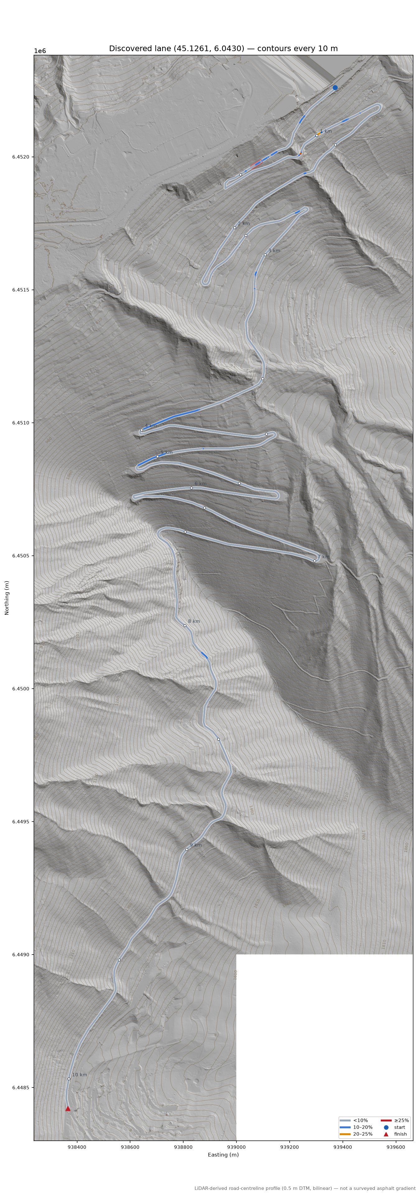 Discovered lane (45.1261, 6.0430) LiDAR hillshade map with contours