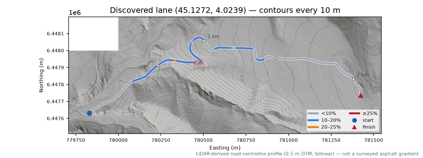 Discovered lane (45.1272, 4.0239) LiDAR hillshade map with contours