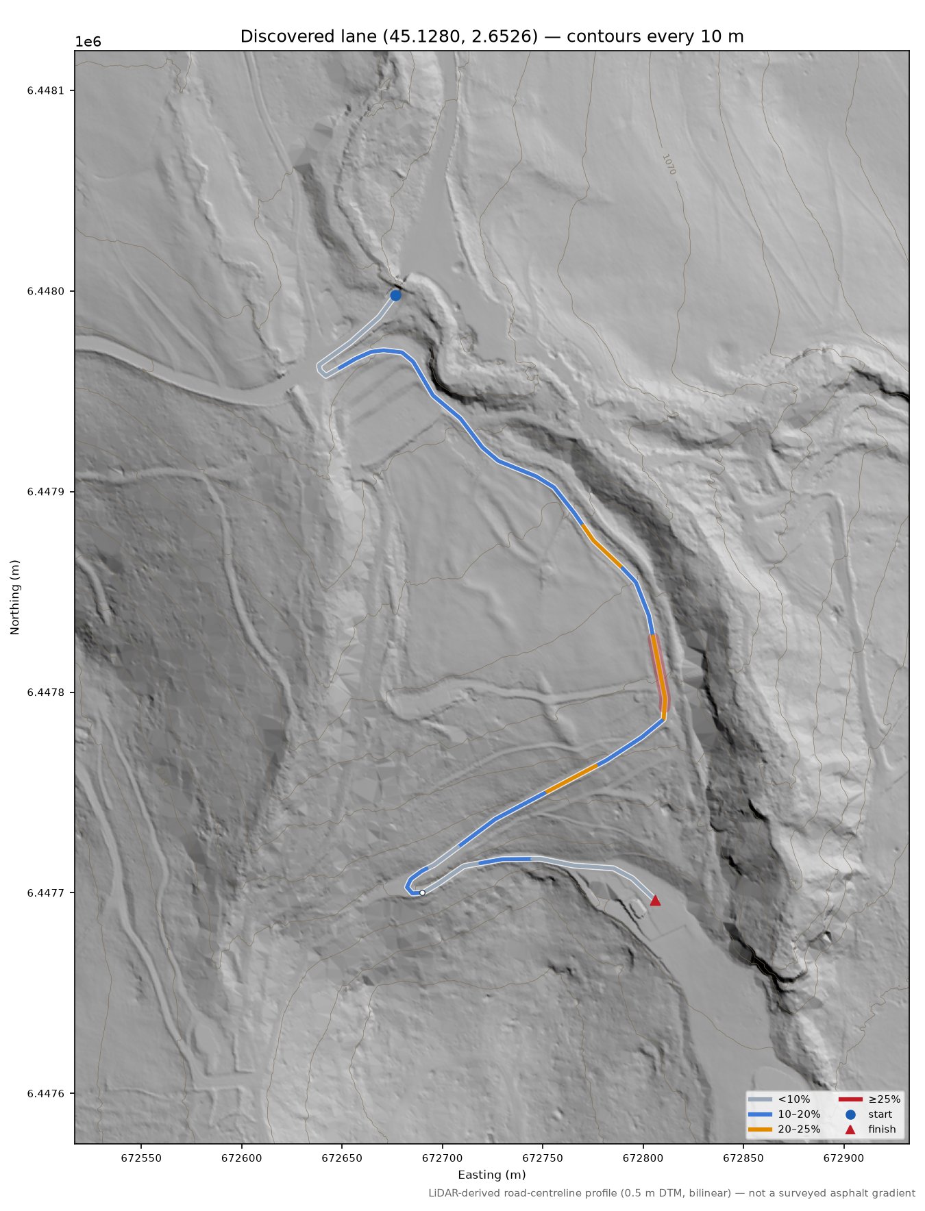 Discovered lane (45.1280, 2.6526) LiDAR hillshade map with contours
