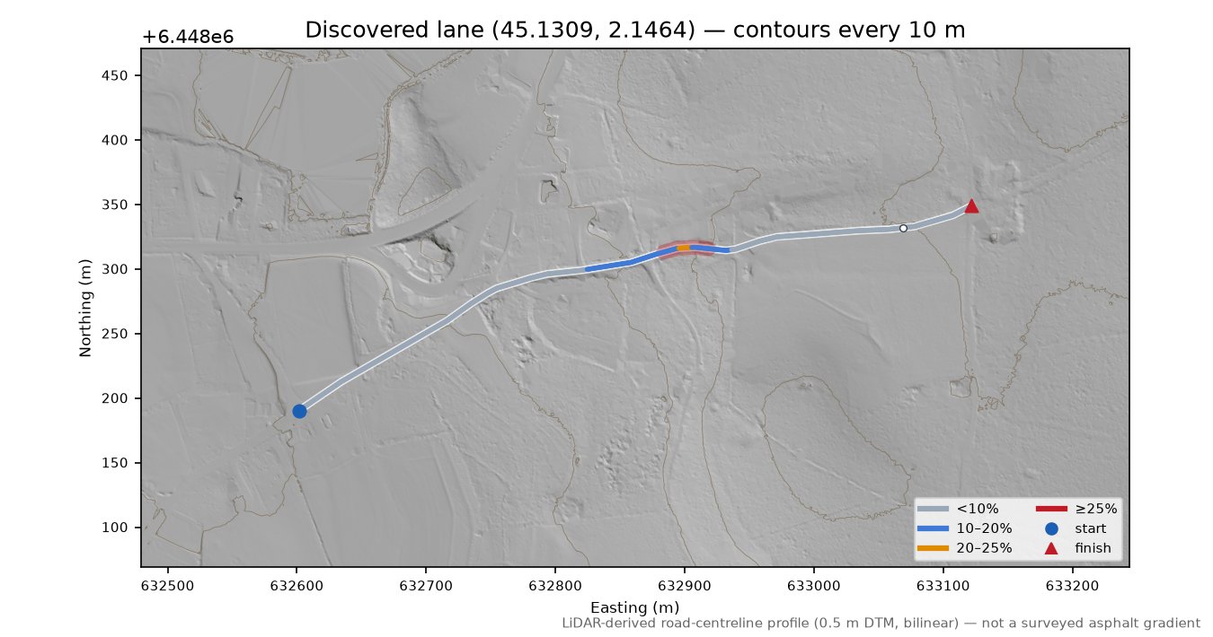 Discovered lane (45.1309, 2.1464) LiDAR hillshade map with contours