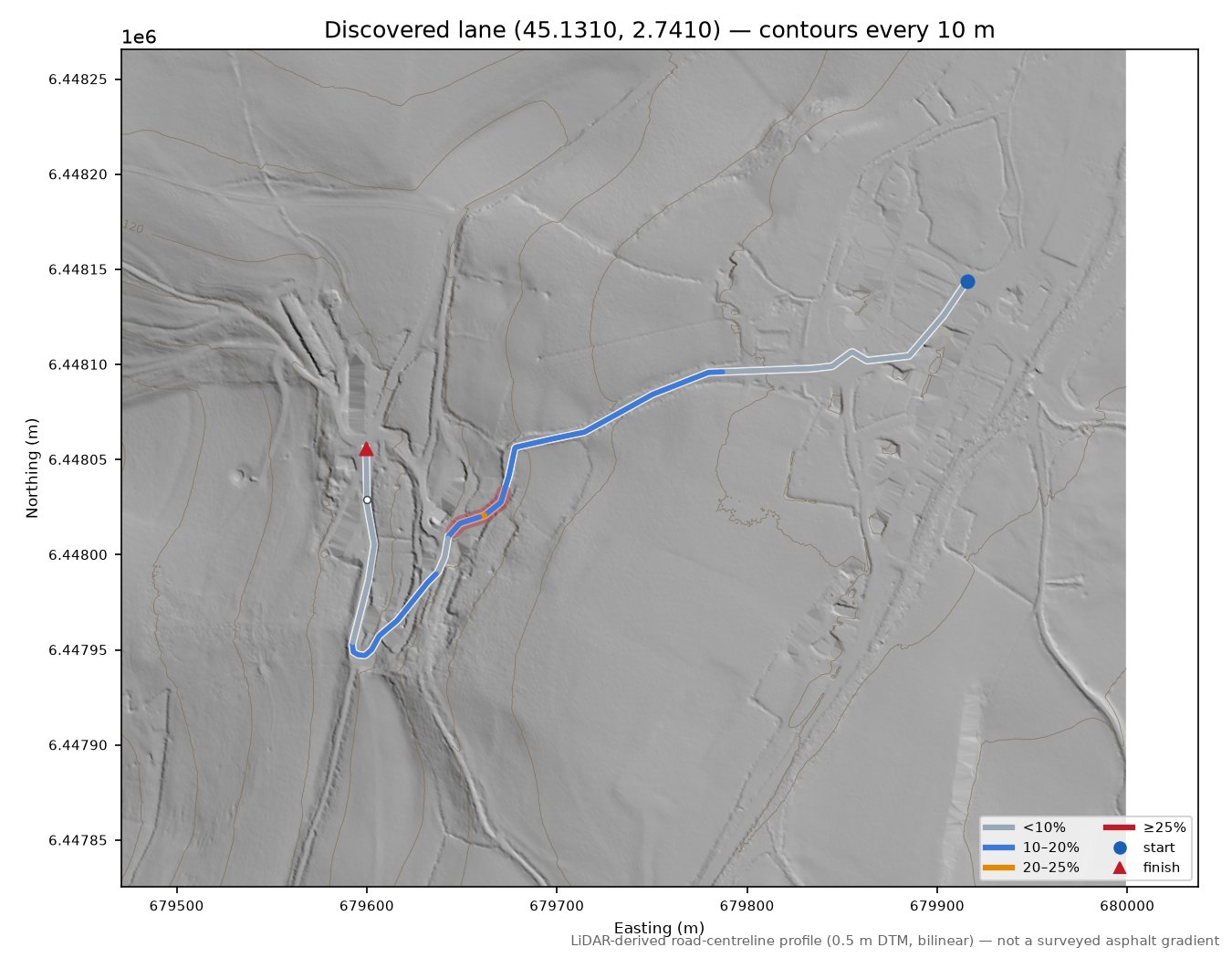 Discovered lane (45.1310, 2.7410) LiDAR hillshade map with contours