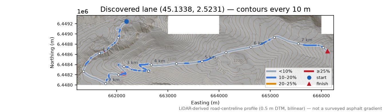Discovered lane (45.1338, 2.5231) LiDAR hillshade map with contours