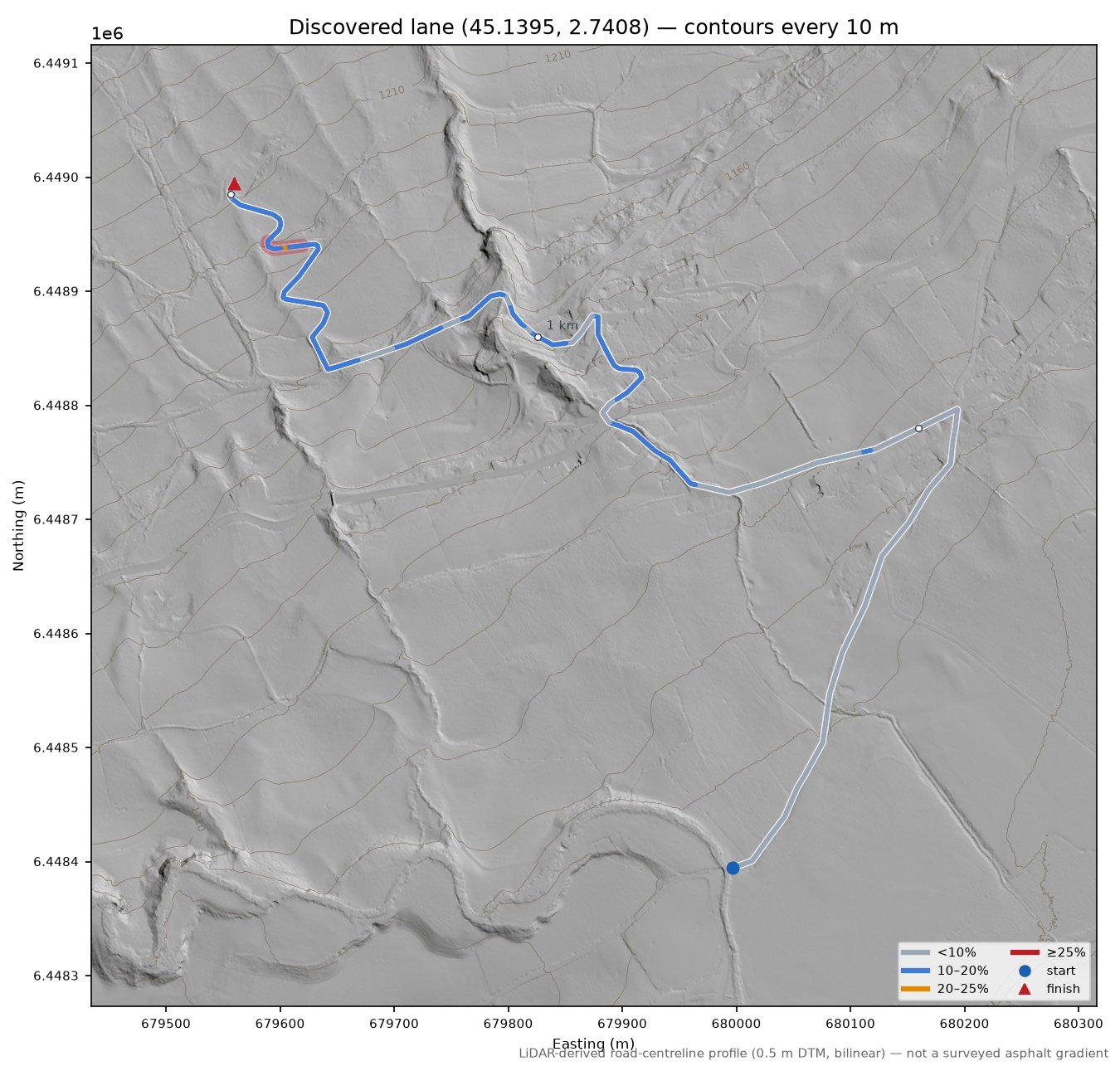 Discovered lane (45.1395, 2.7408) LiDAR hillshade map with contours