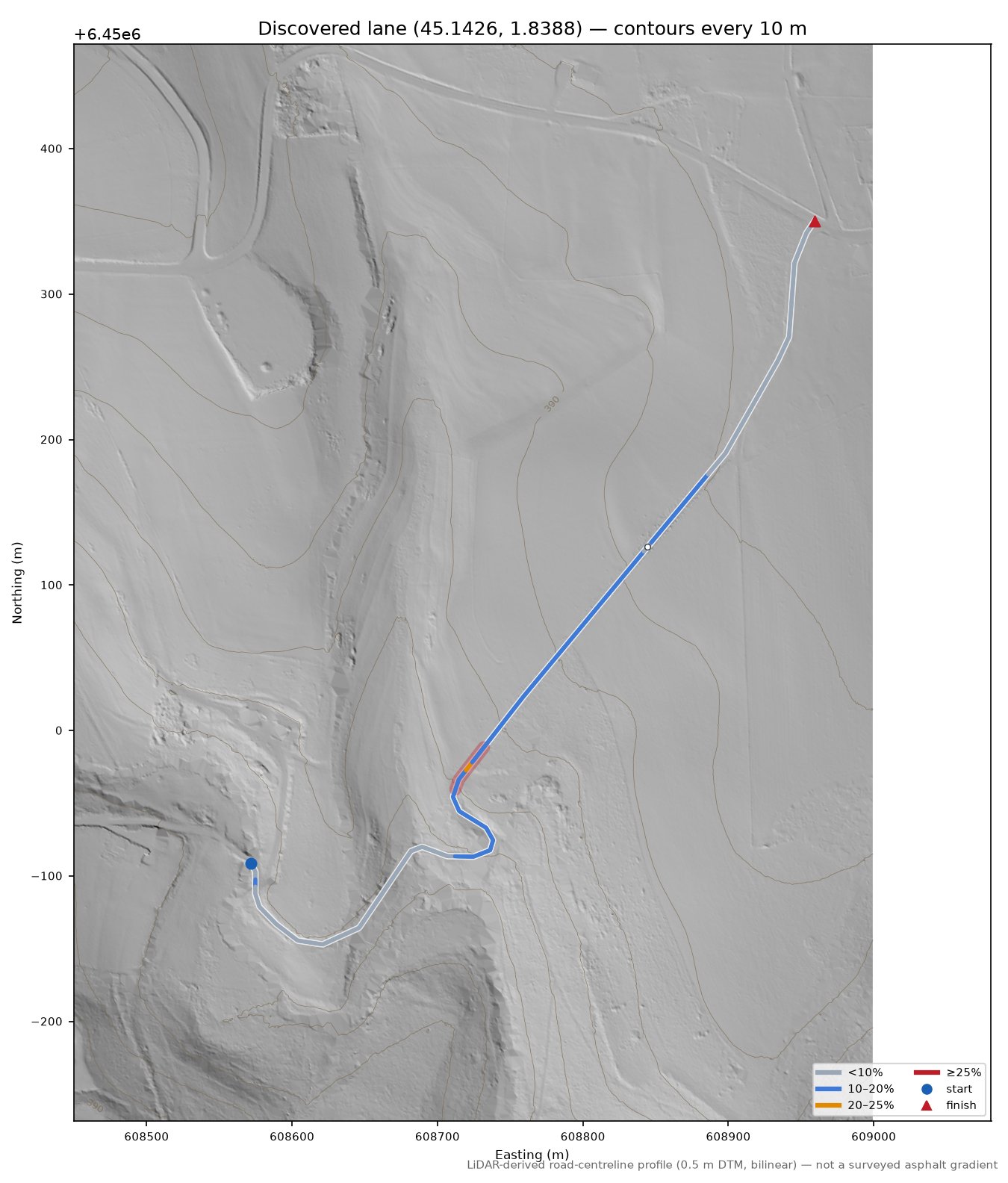 Discovered lane (45.1426, 1.8388) LiDAR hillshade map with contours