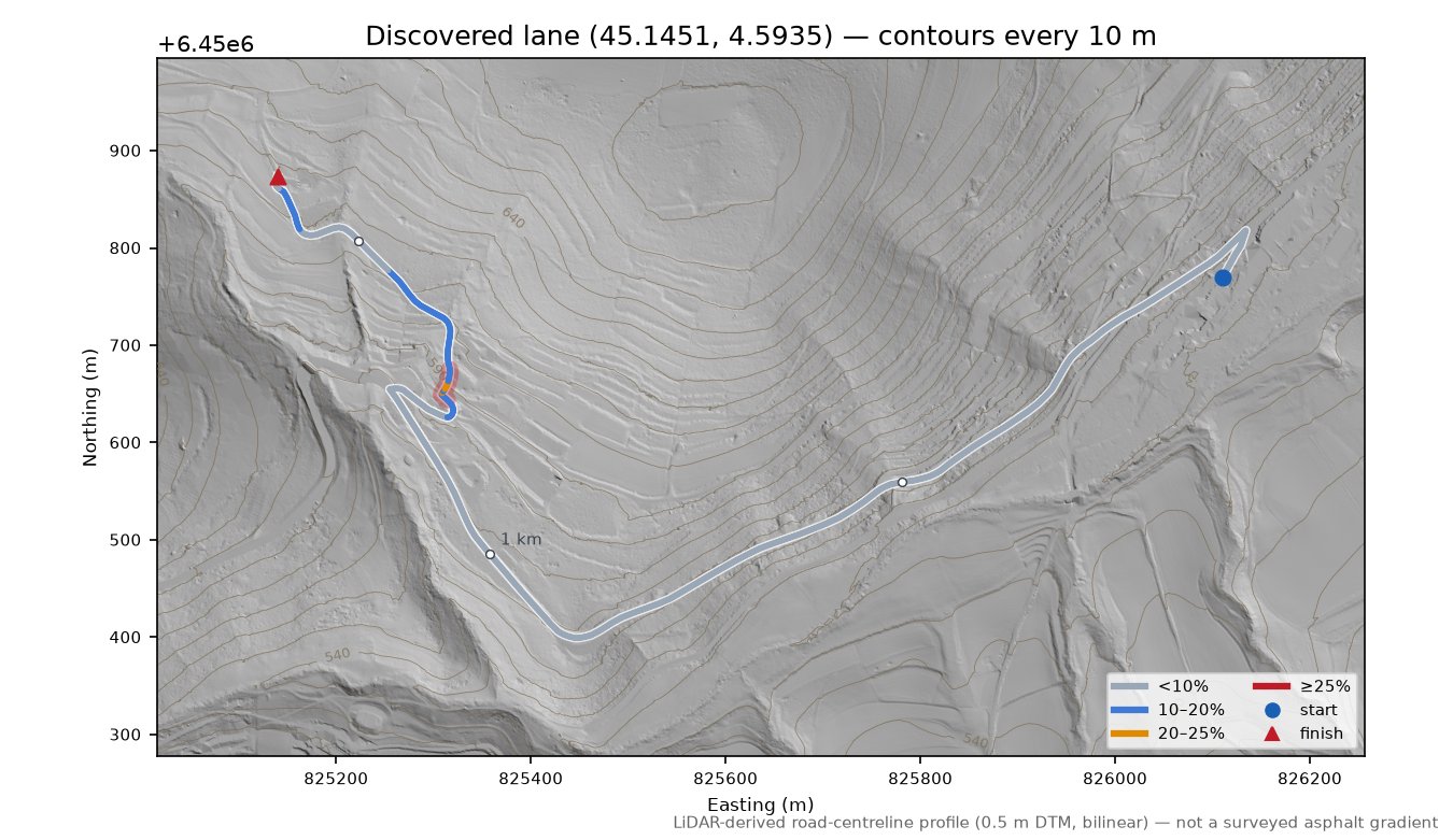 Discovered lane (45.1451, 4.5935) LiDAR hillshade map with contours