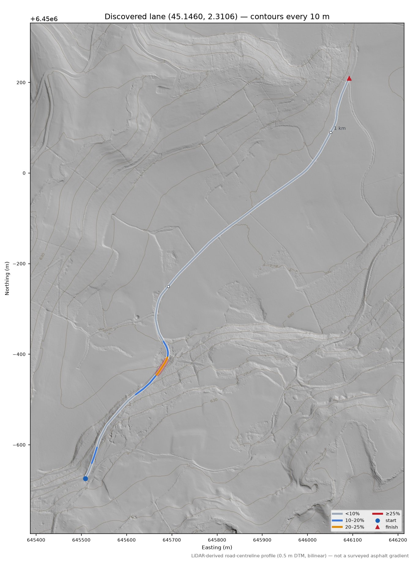 Discovered lane (45.1460, 2.3106) LiDAR hillshade map with contours