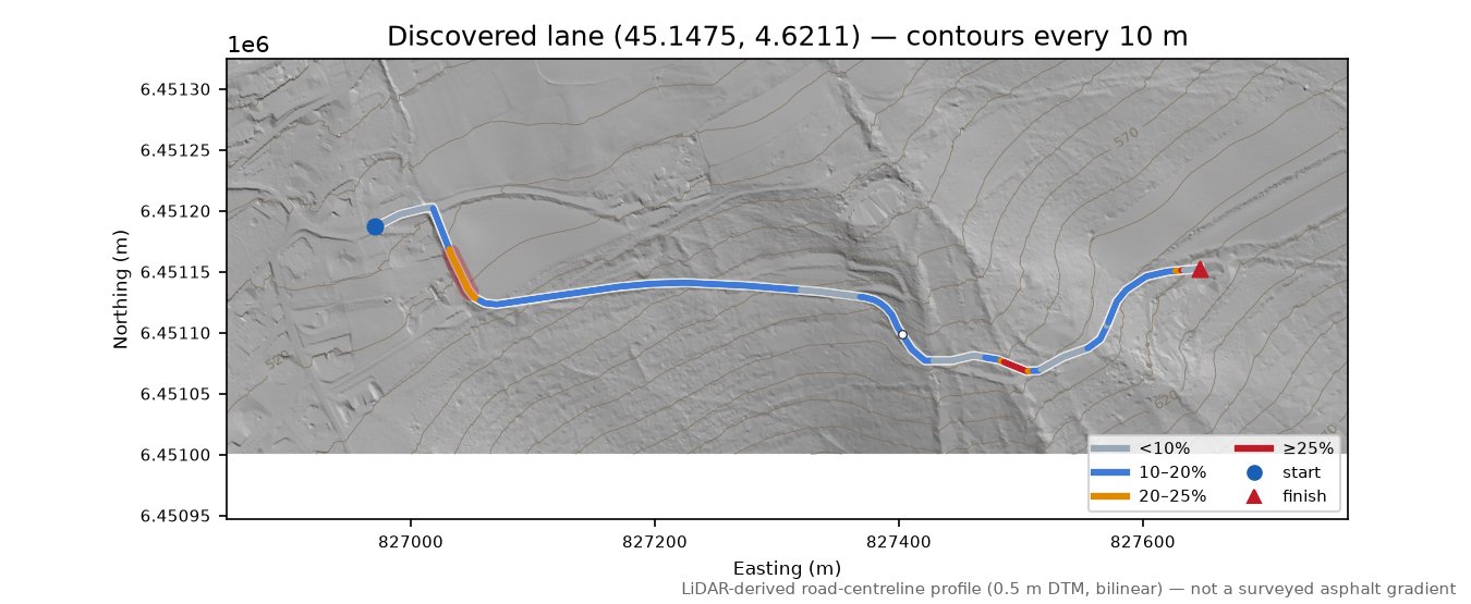 Discovered lane (45.1475, 4.6211) LiDAR hillshade map with contours
