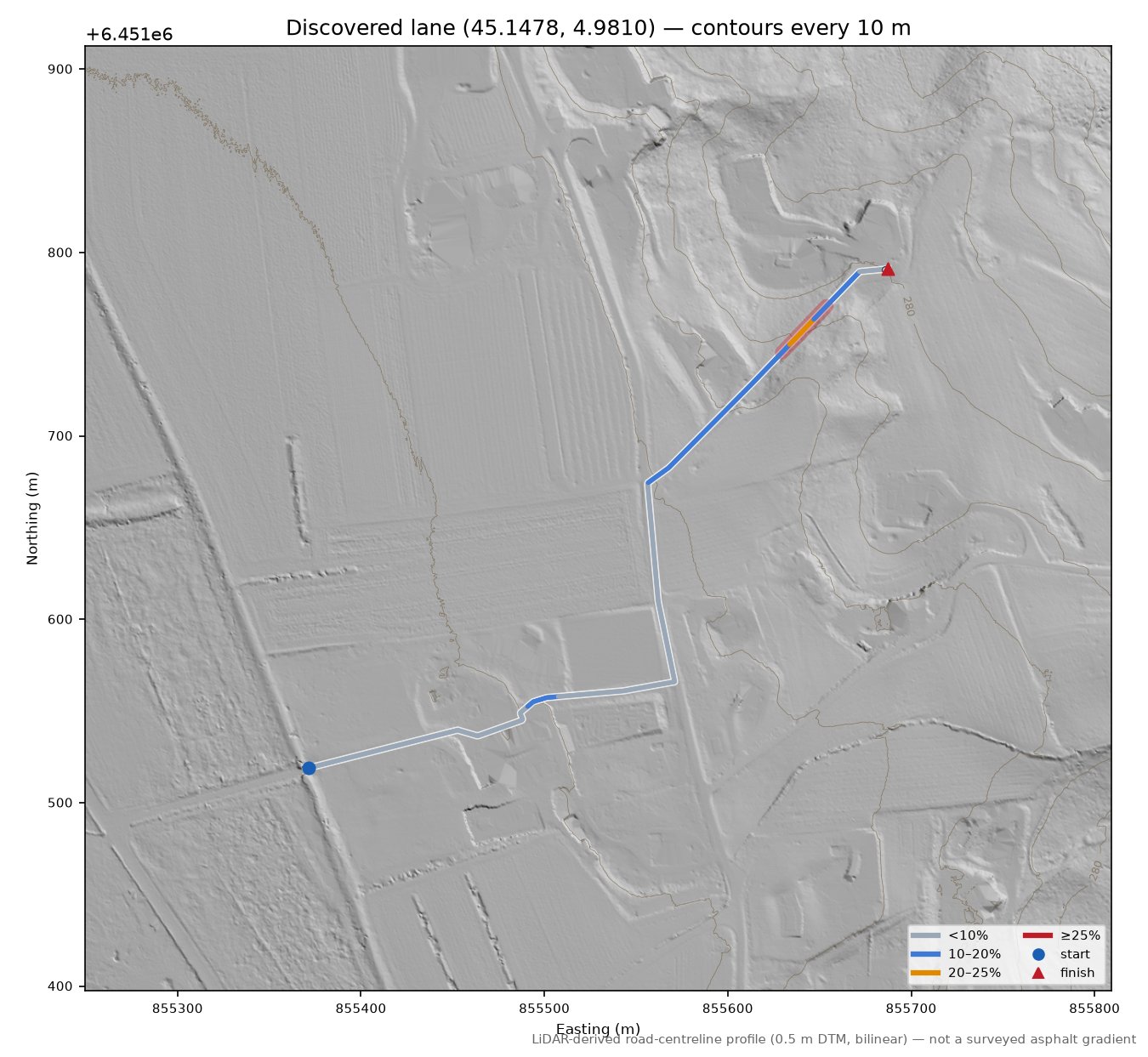 Discovered lane (45.1478, 4.9810) LiDAR hillshade map with contours