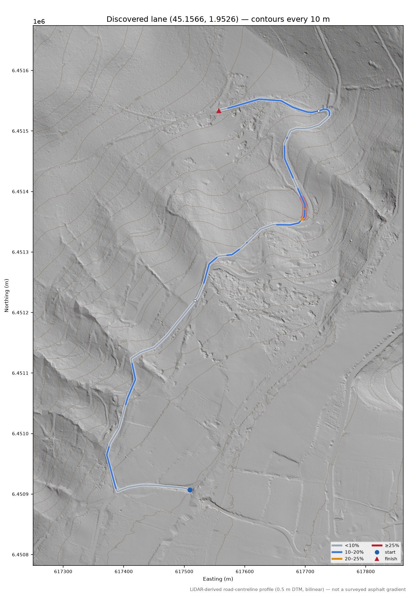 Discovered lane (45.1566, 1.9526) LiDAR hillshade map with contours