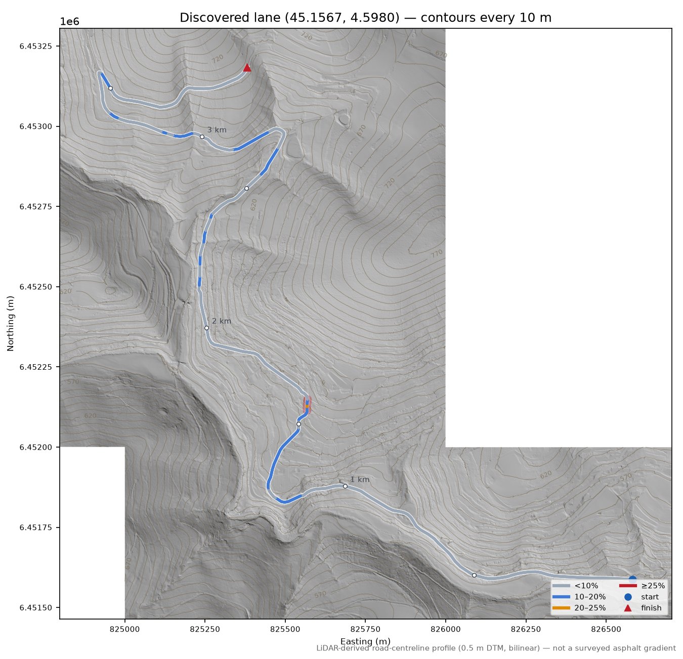 Discovered lane (45.1567, 4.5980) LiDAR hillshade map with contours
