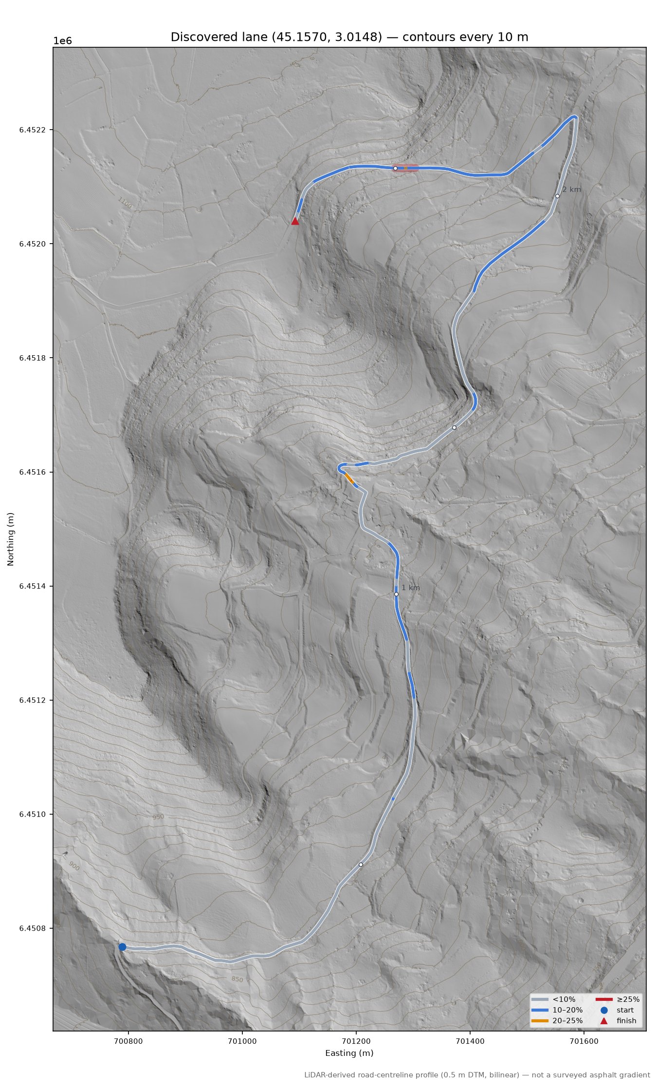 Discovered lane (45.1570, 3.0148) LiDAR hillshade map with contours