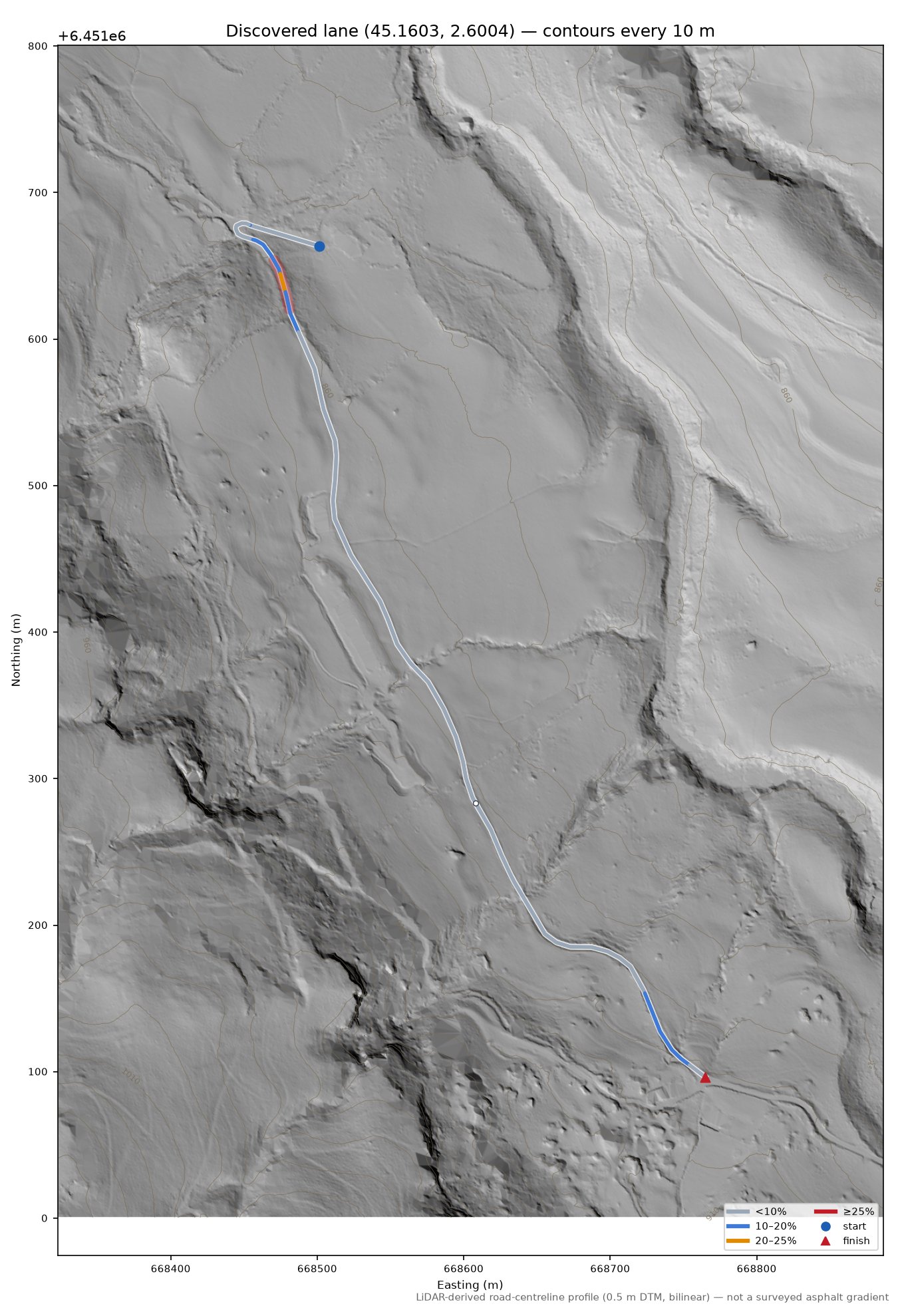 Discovered lane (45.1603, 2.6004) LiDAR hillshade map with contours