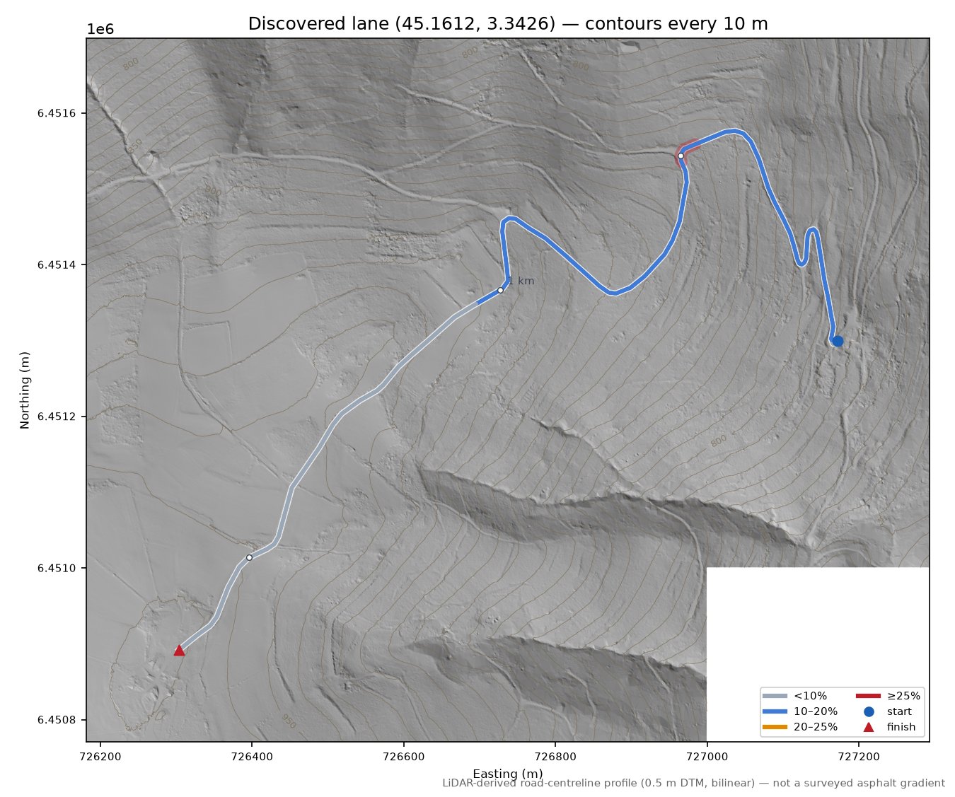 Discovered lane (45.1612, 3.3426) LiDAR hillshade map with contours