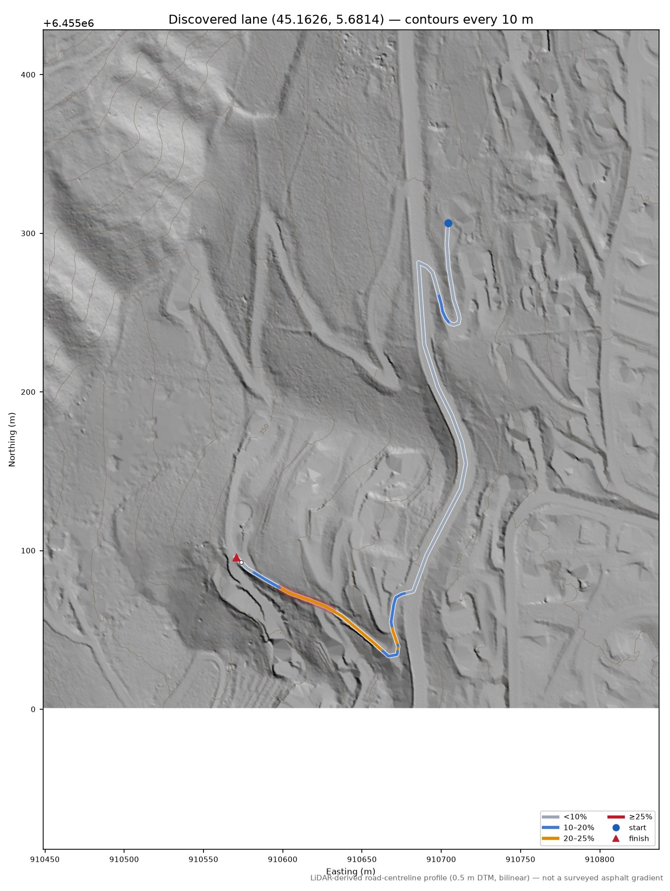 Discovered lane (45.1626, 5.6814) LiDAR hillshade map with contours