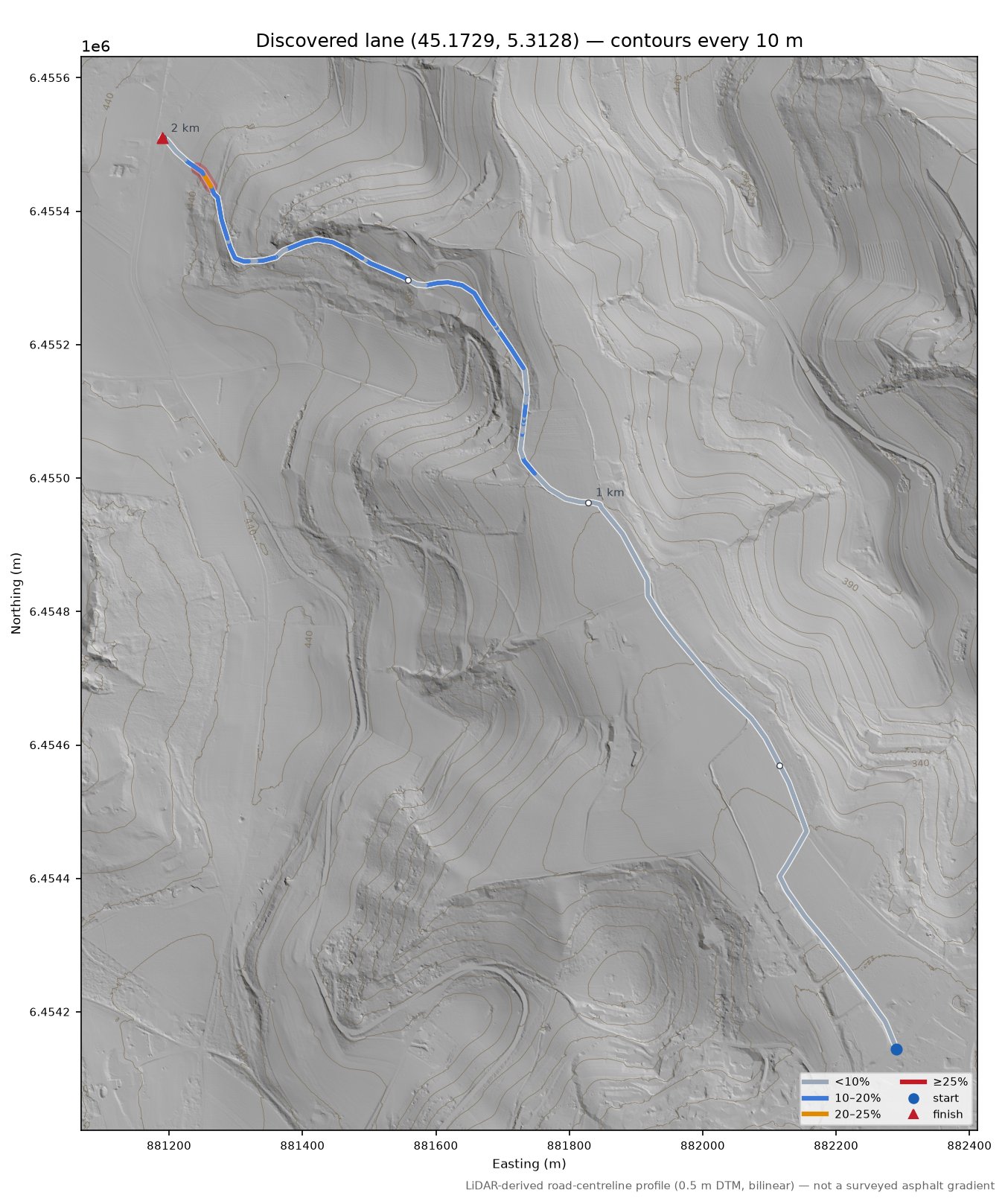 Discovered lane (45.1729, 5.3128) LiDAR hillshade map with contours