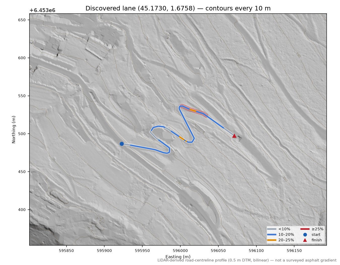 Discovered lane (45.1730, 1.6758) LiDAR hillshade map with contours