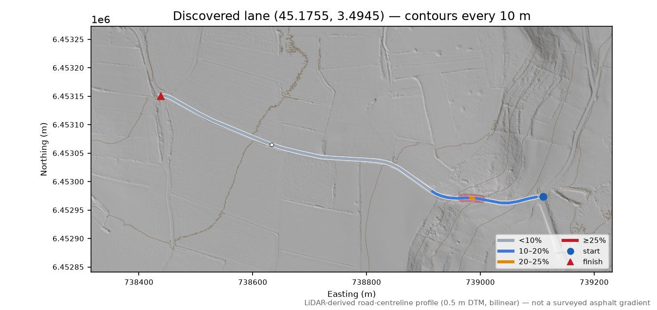 Discovered lane (45.1755, 3.4945) LiDAR hillshade map with contours
