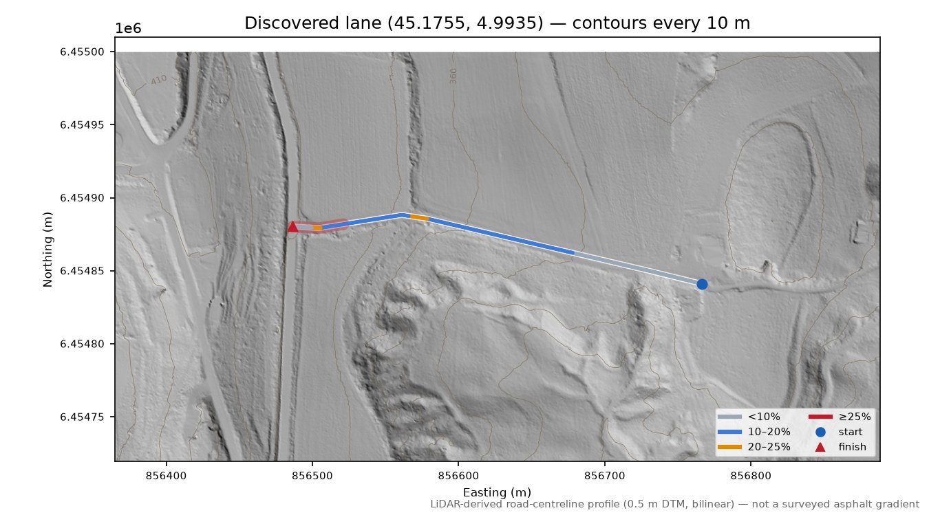 Discovered lane (45.1755, 4.9935) LiDAR hillshade map with contours
