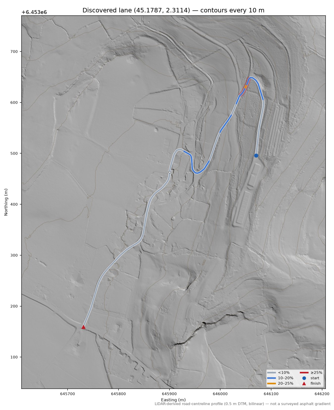 Discovered lane (45.1787, 2.3114) LiDAR hillshade map with contours
