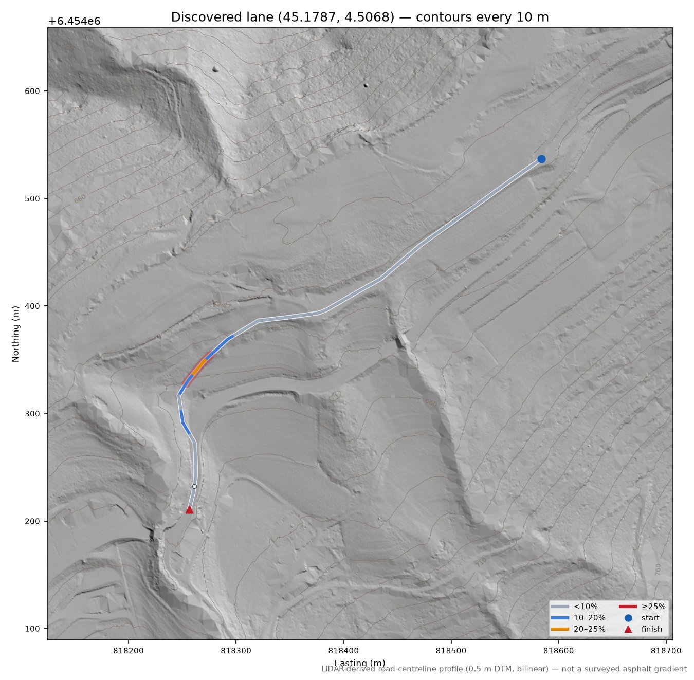 Discovered lane (45.1787, 4.5068) LiDAR hillshade map with contours
