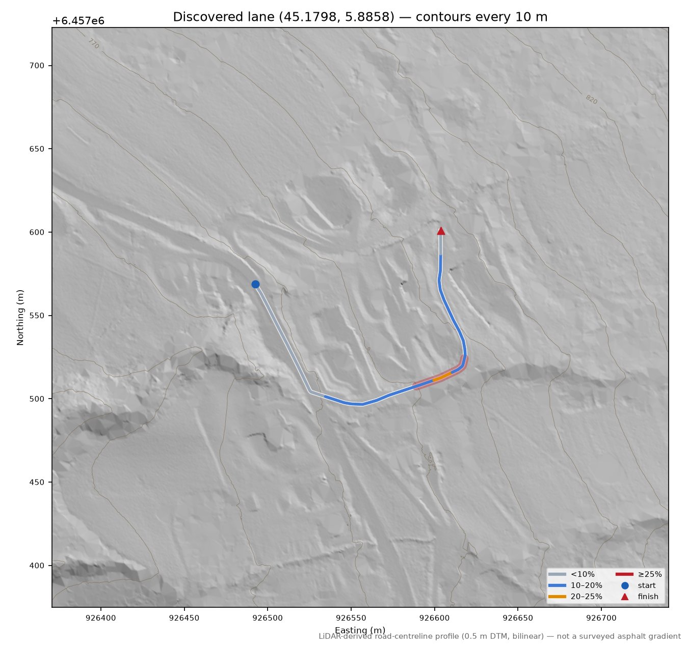 Discovered lane (45.1798, 5.8858) LiDAR hillshade map with contours