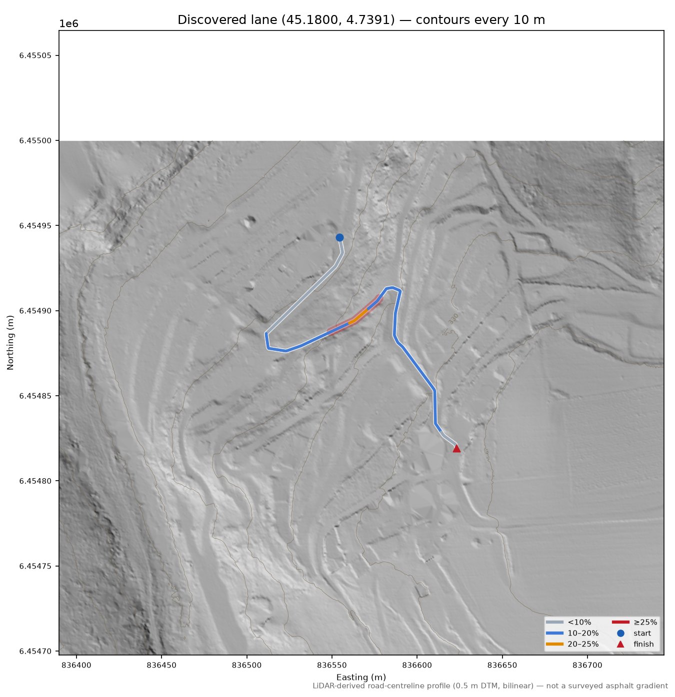 Discovered lane (45.1800, 4.7391) LiDAR hillshade map with contours