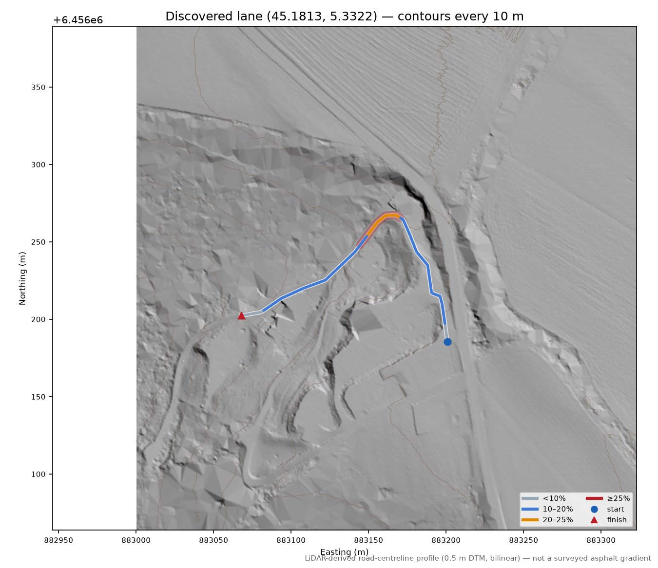 Discovered lane (45.1813, 5.3322) LiDAR hillshade map with contours